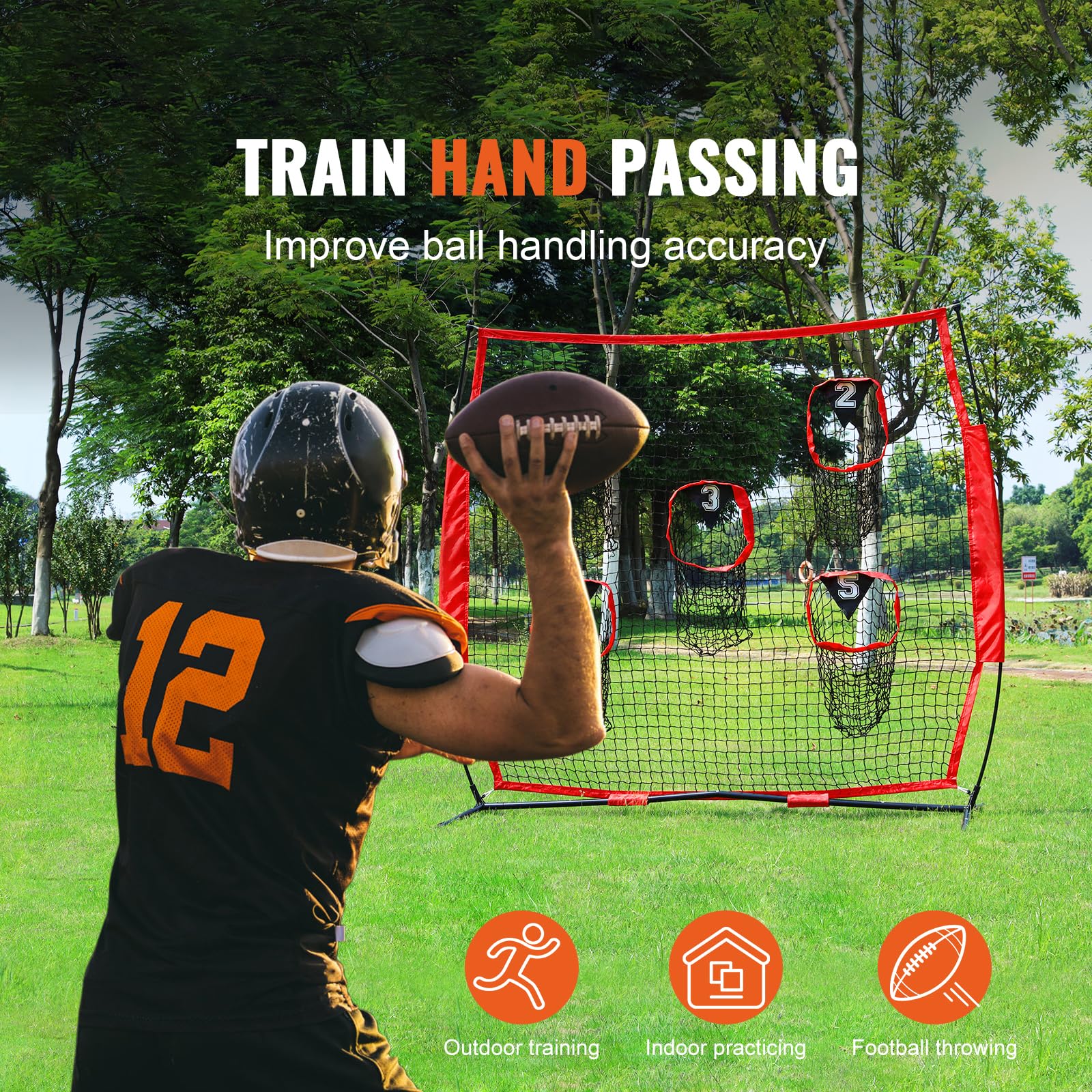 Happybuy 7x7 ft Football Trainer Net, Throwing Target with 5 Pockets, Knotless Net, Frame & Carry Case, QB Accuracy Training, Red, Portable