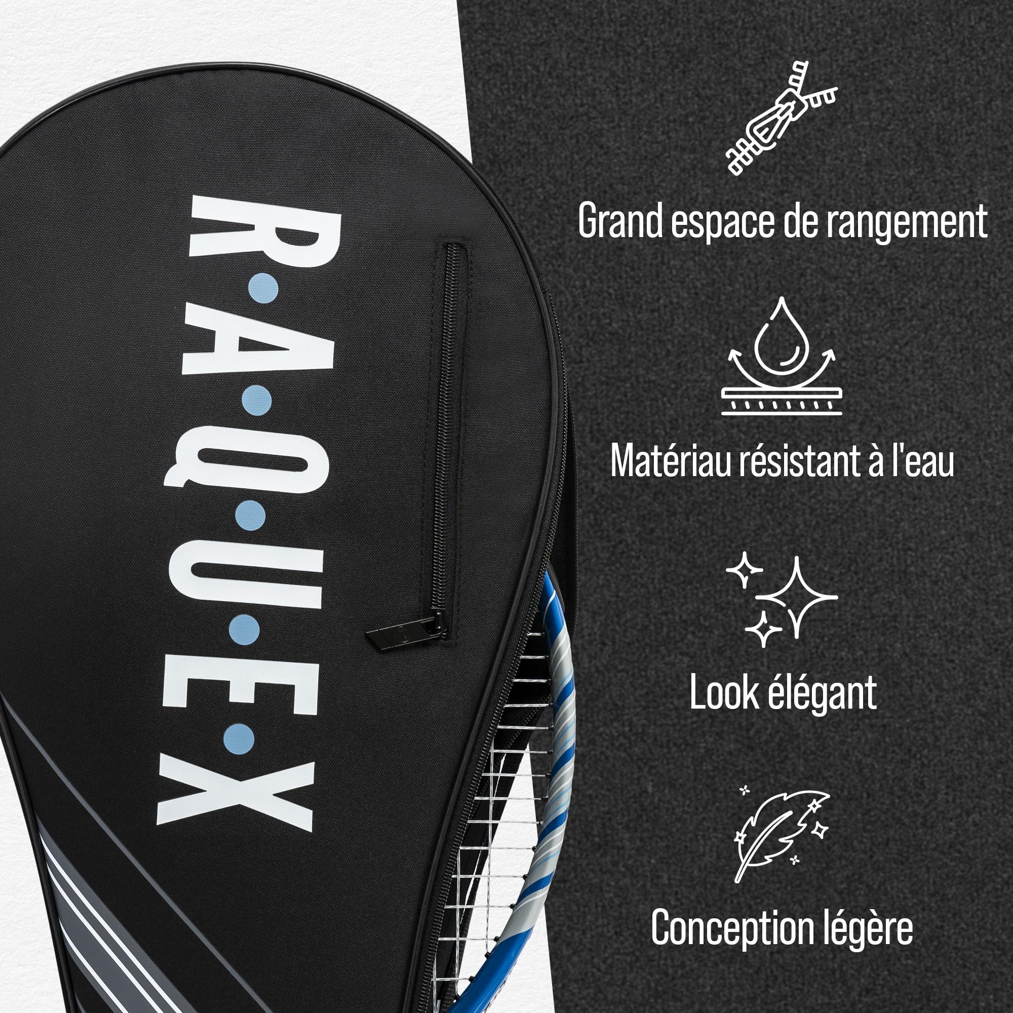 Raquex Sac pour Raquette de Tennis - Bleu ou Noir - Housse de Protection pour Raquette de Tennis, Squash et Badminton - pour 2 Raquettes et Accessoires avec bandoulière