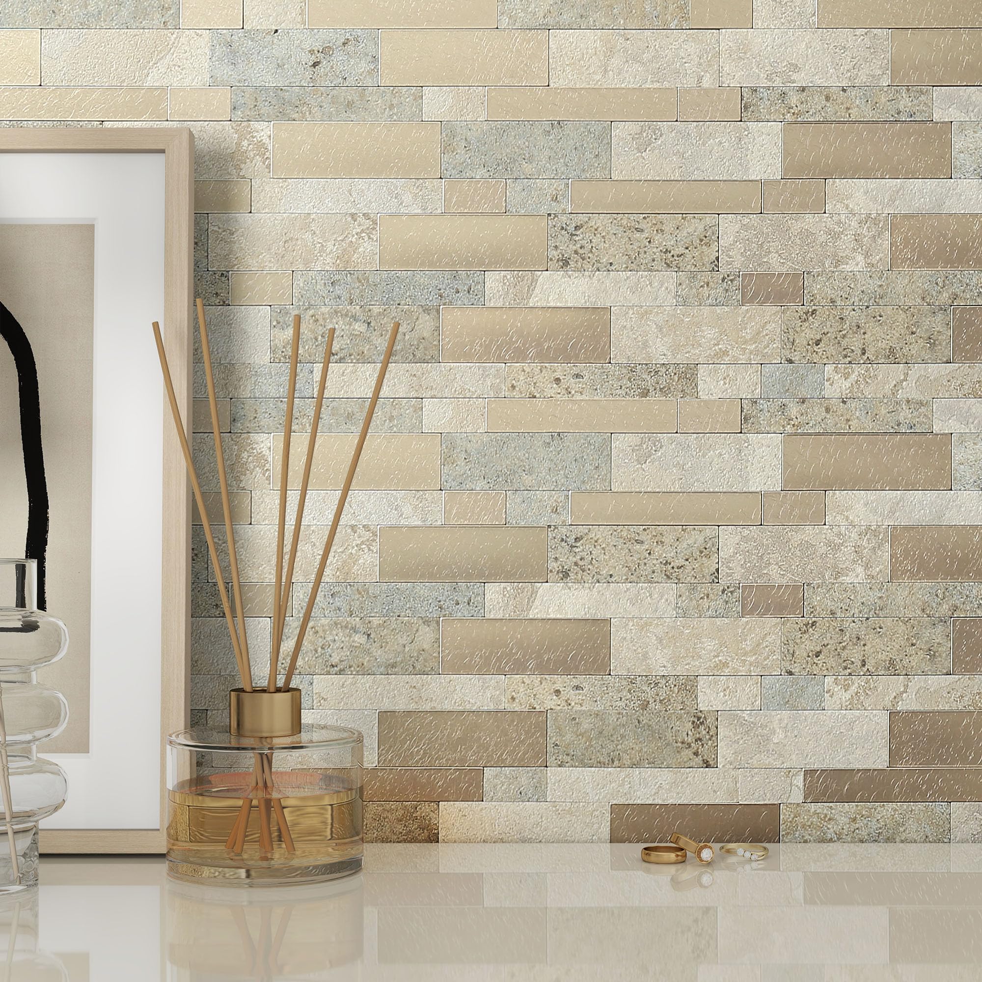 BeNice 3D Brick Tile Stickers Peel and Stick Wall Tiles Stone Effect Textured,Self-Adhesive Mosaic Subway Tiles Waterproof(French Beige,10sheets)