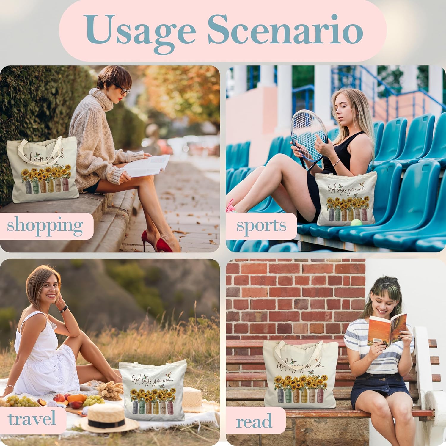 Canvas Tote Bag With Sunflowers - Inspirational Christian Appreciation Gift, Minimalist Reusable Grocery Shopping and Library Shoulder Bag for Bride, Women, Sister, Friends C(30) - Image 3