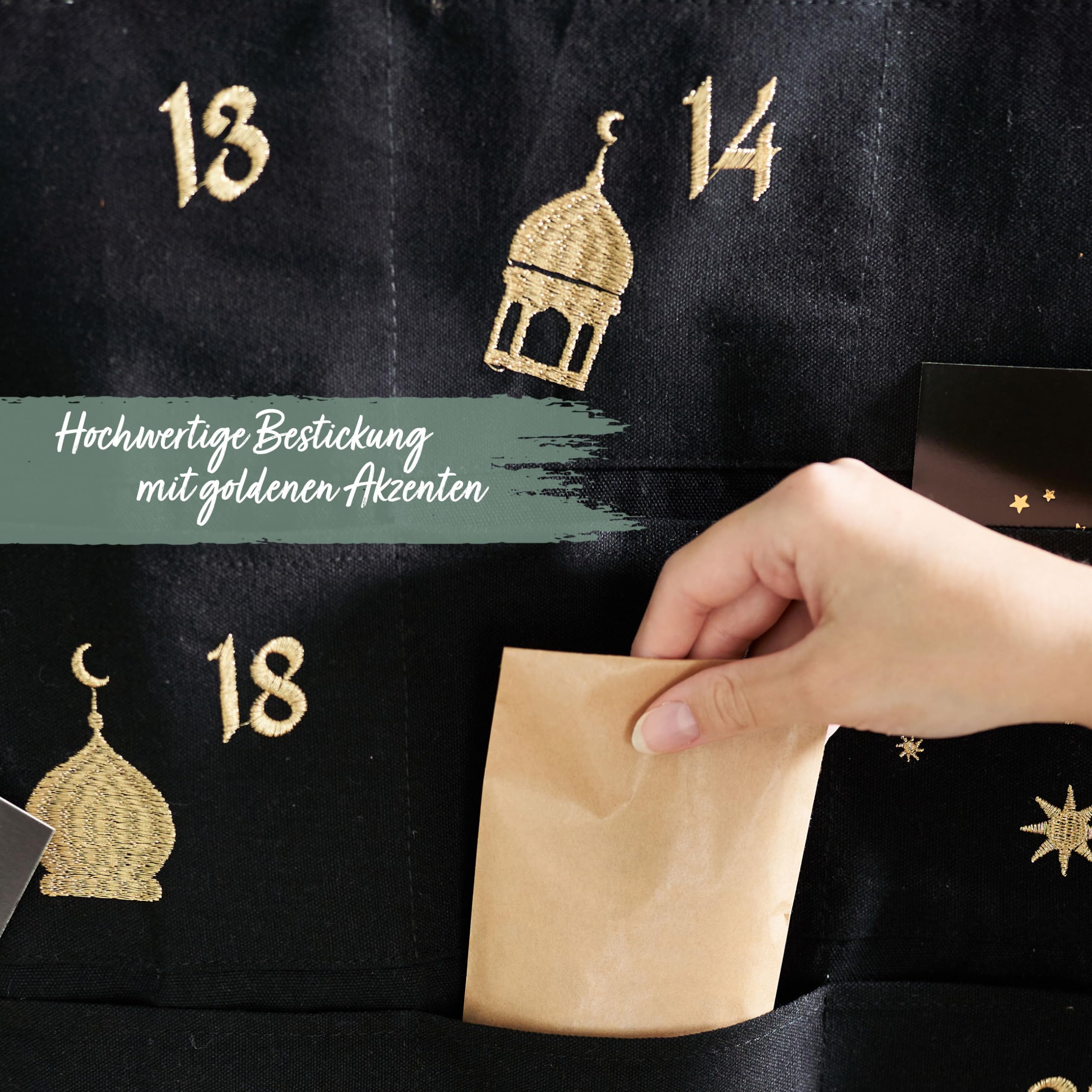 Papierdrachen Ramadan Calendar as a Wall Calendar Made of Fabric for Filling, Black, High-Quality Embroidered, Fabric Bag - Image 3