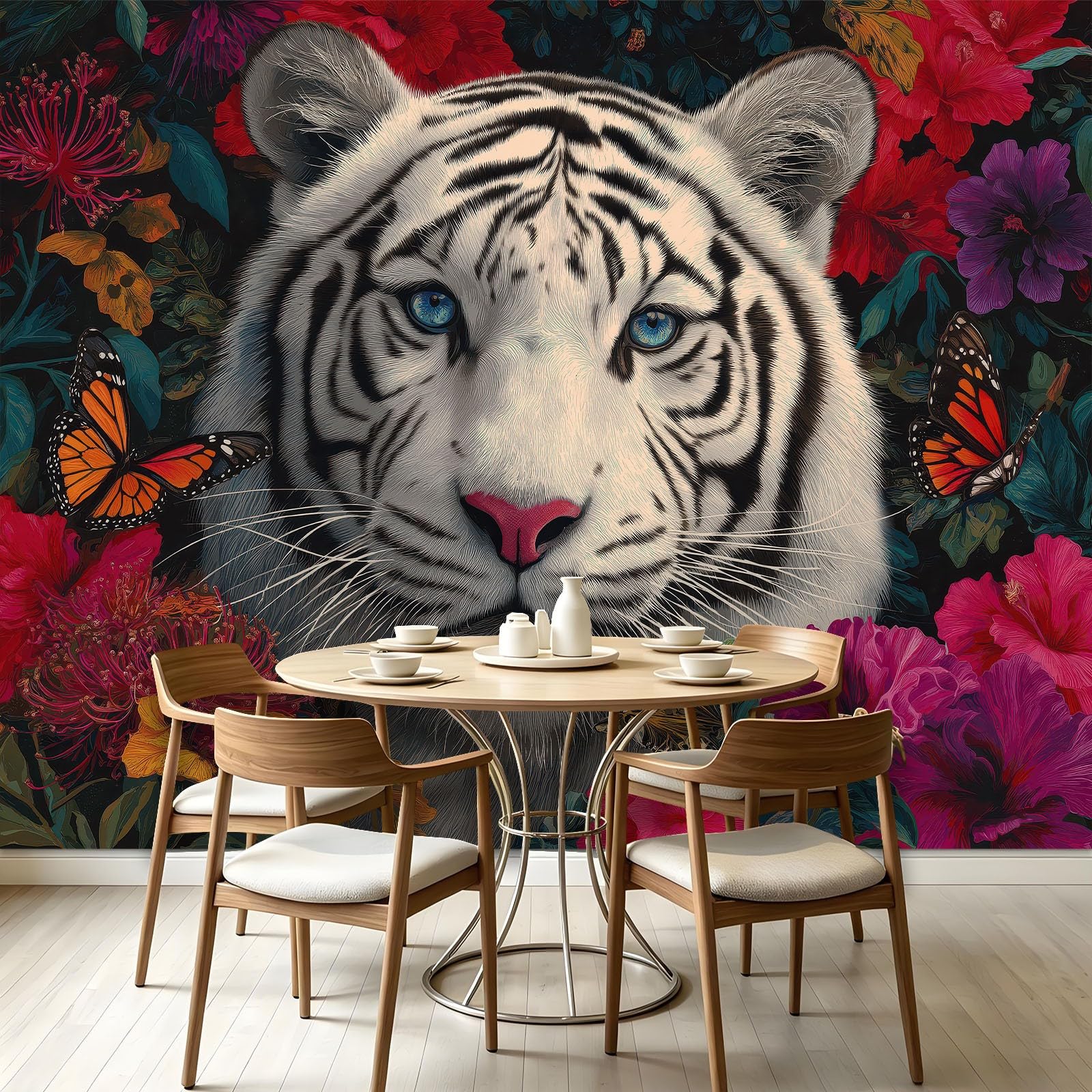 Générique Tapeta z włókniny tropikalnej dżungli, 200 x 140 cm, tygrys kwiaty zwierzę panoramiczne zdjęcie, łatwa do zainstalowania dekoracja ścienna do salonu, sypialni, kuchni