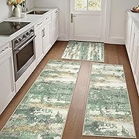 GENIMO Kitchen Rugs Set of 3 Non-Slip Washable Waterproof Mats, Abstract Green Runner for Kitchen, Hallway, Laundry, Entryway