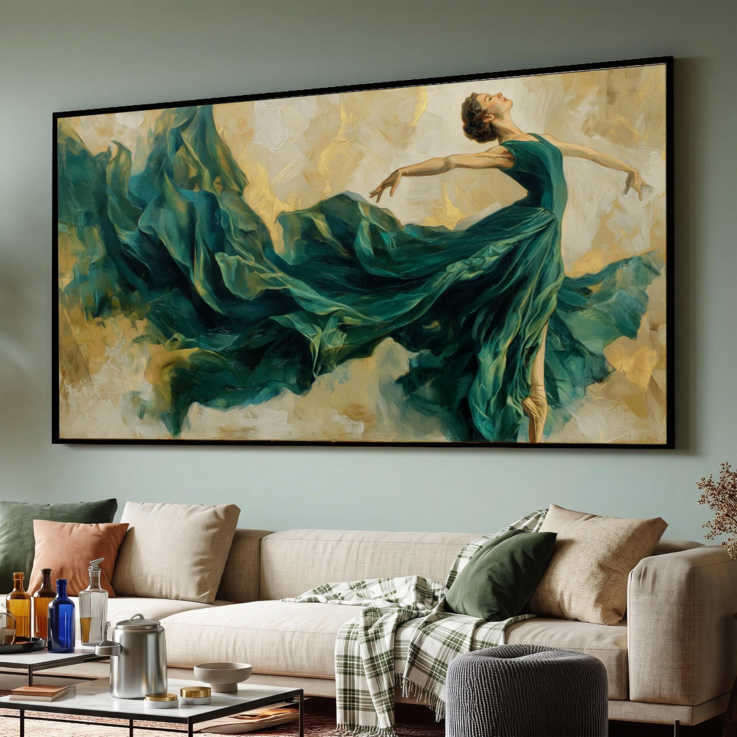 LMYCHENG Graceful Ballerina Dance Canvas Oil Painting, Green Dress Posters, Elegant Ballet Wall Art, Home Décor Canvas Artwork(60x105cm/Frameless)
