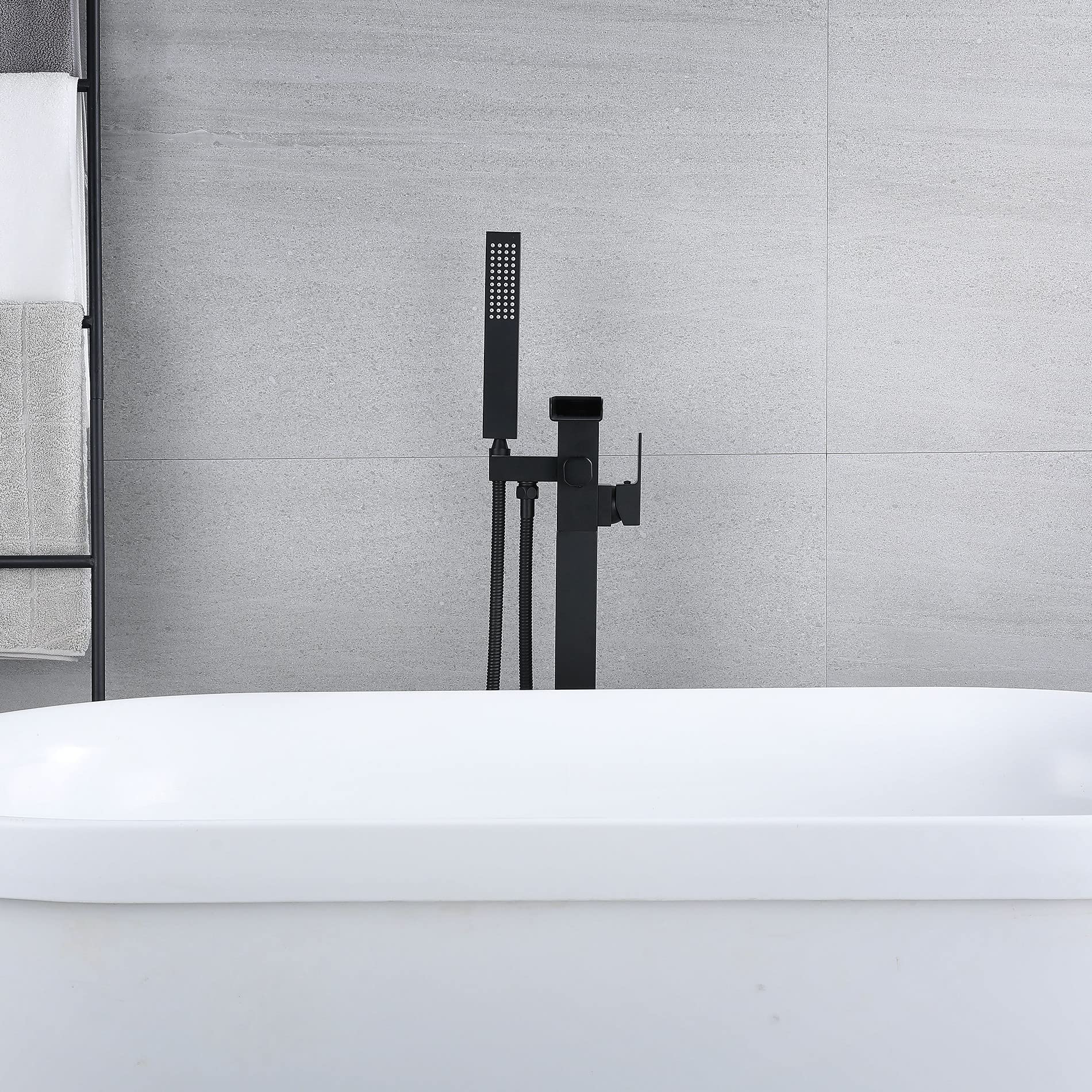 Rubinetto Per Vasca Pavimento In Piedi Da Bagno Con Beccuccio A Cascata E Spruzzatore A Mano,Freestanding Rubinetti Per Vasca, Nero（collegamento interno）