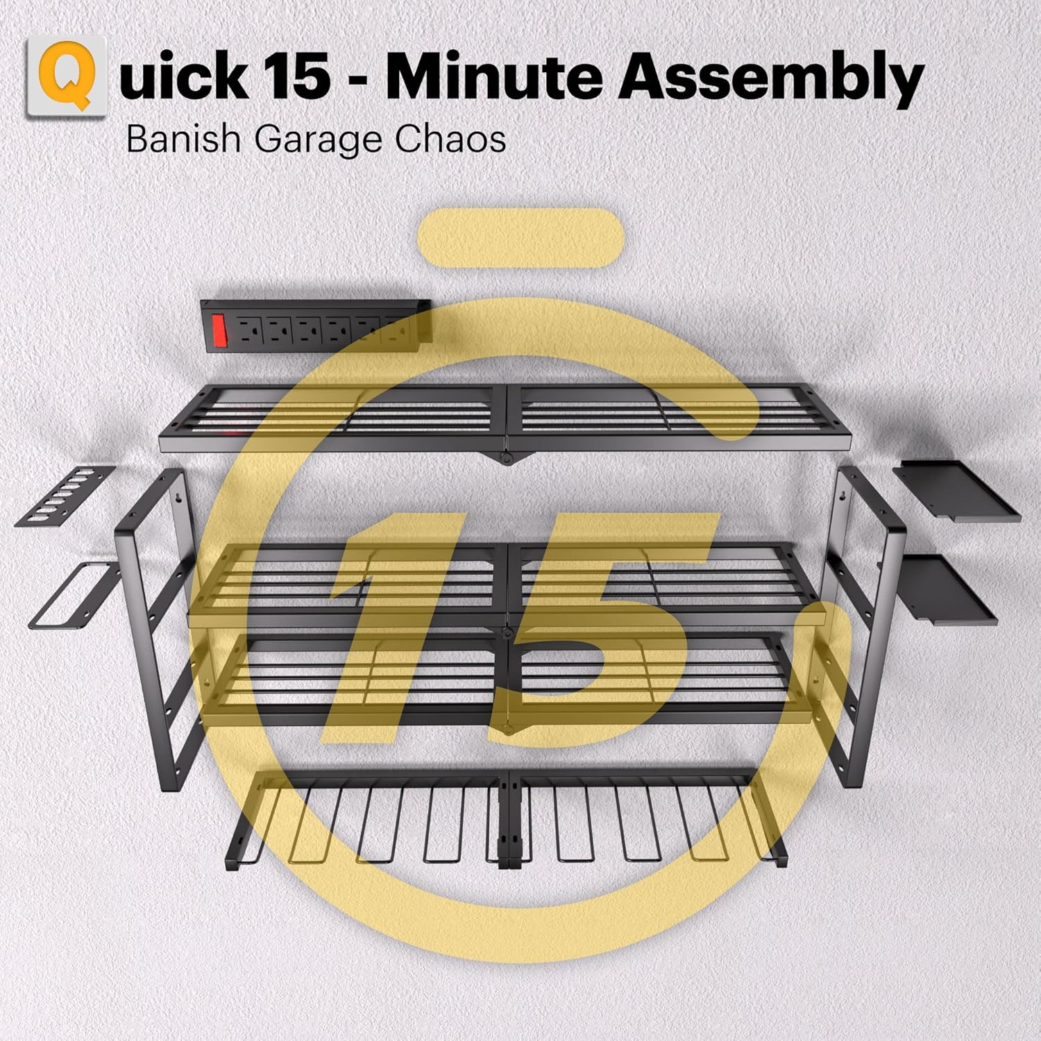 Power Tool Organizer, Quick Assembly & Max 420lb Load With 6 Outlet Power Strip, 4 shelves 8 Slots for Cordless Drill Holder Wall mount in Garage/Workshop/Pegboard Suitable for Birthday Gift