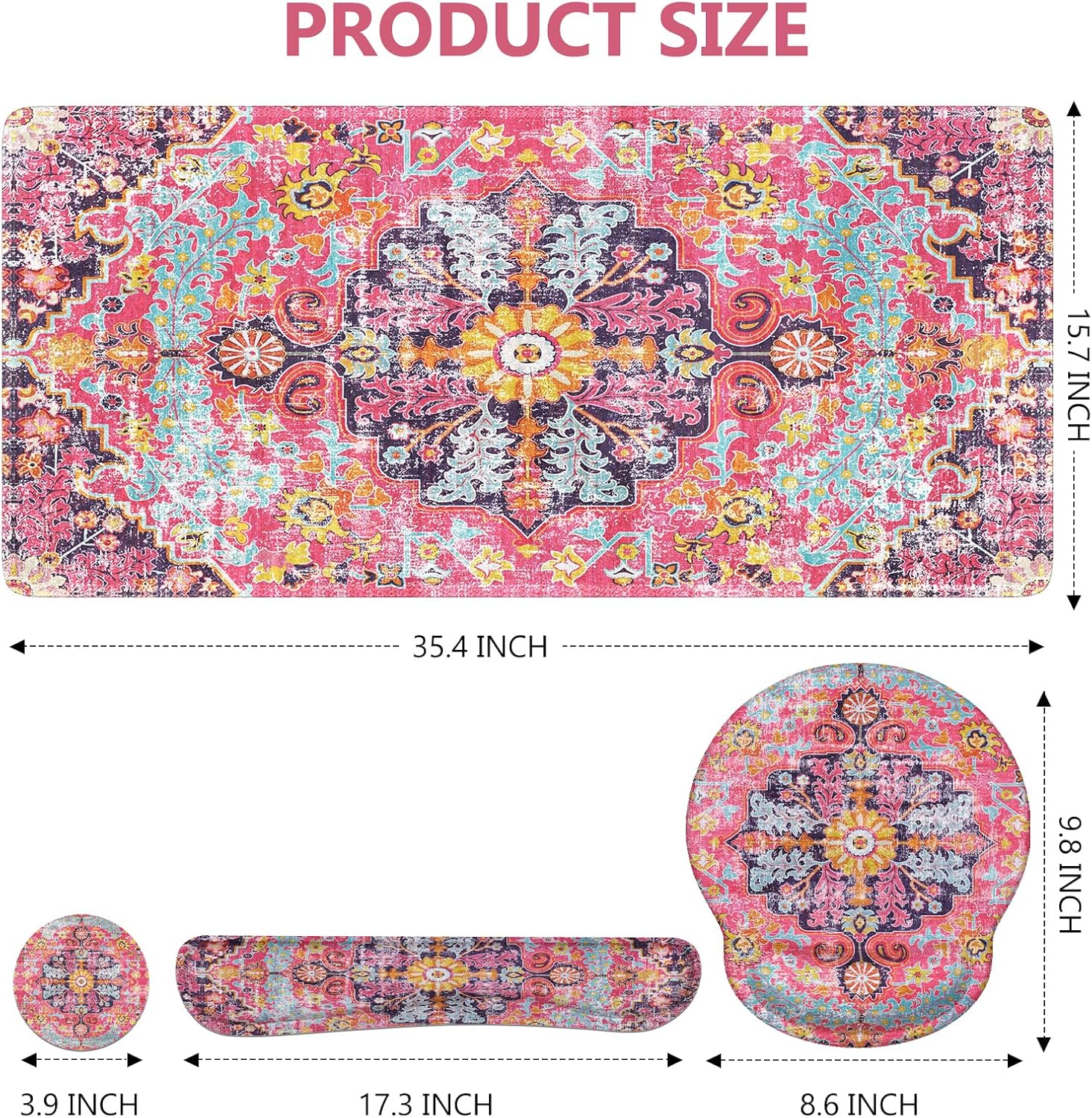 iLeadon Mouse Pad Set, Boho Desk Mat + Mouse Pad with Wrist Rest + Keyboard Wrist Rest + Coaster, 4in1 Mouse and Keyboard Pad Set for Home Office, Rug Fuchsia - Image 2