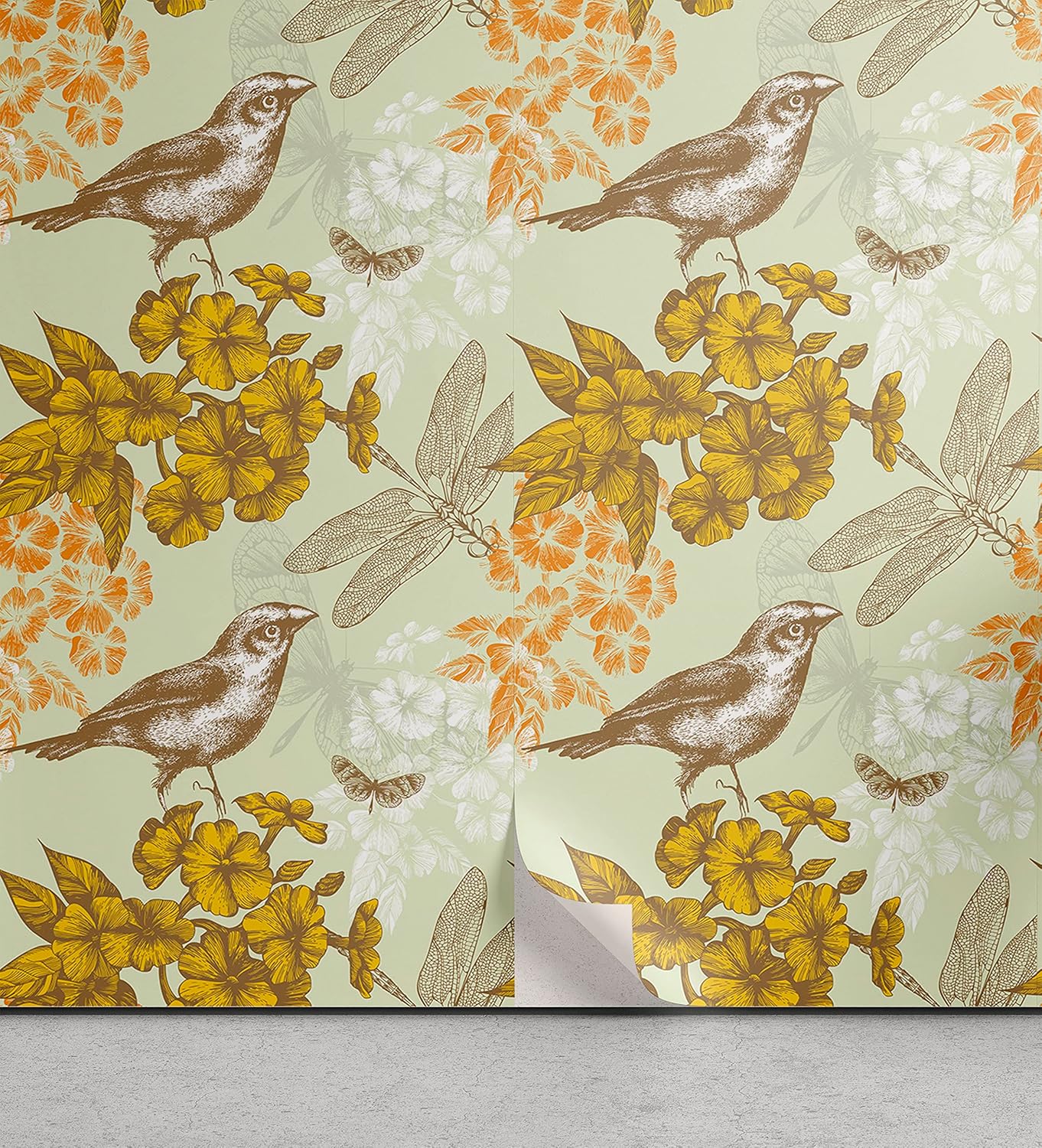 Lunarable Bird Peel & Stick Wallpaper for Home, Vintage Composition with Bird Flying Butterflies and Dragonflies Blooming Wildflowers, Self-Adhesive Living Room Kitchen Accent, 13 x 36, Pastel Green