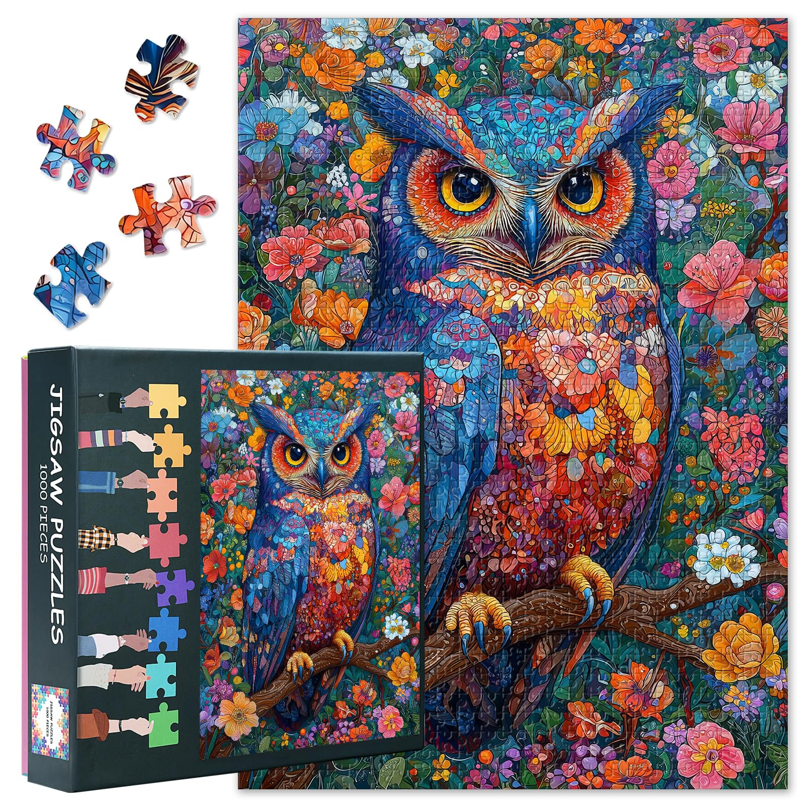 1000 Pieces Puzzle for Adults: Vibrant Owl Puzzle Challenging Game, Colorful Flowers and Owl Family Home Decor Puzzles, Stress Relief Jigsaw Puzzles Gift for Friends Family (50.5x70.5cm)