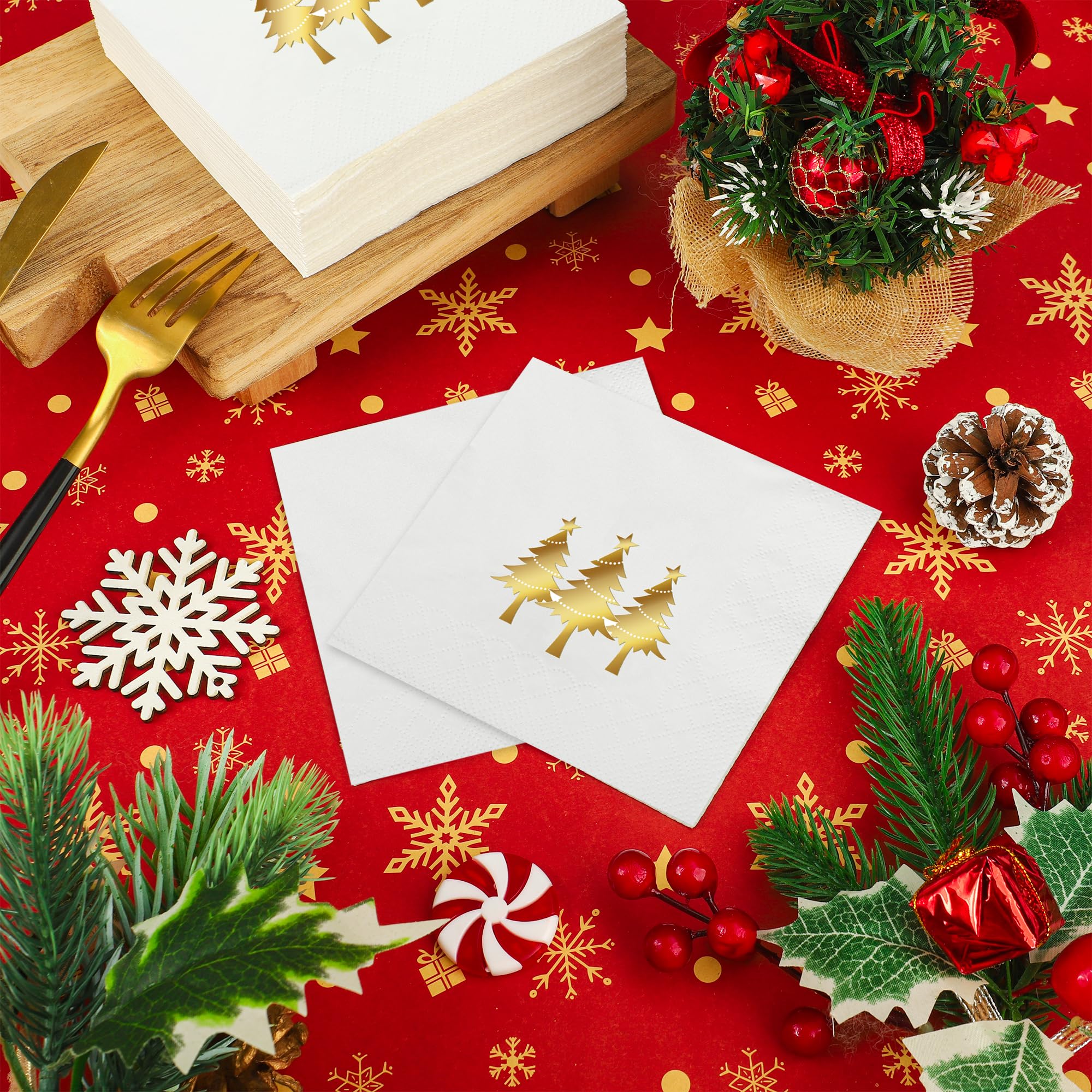 100 servilletas de cóctel de Navidad, servilletas de papel de aluminio dorado, servilletas desechables de árbol de Navidad, servilletas de 3 capas blancas y doradas para Navidad, vacaciones, cocina,