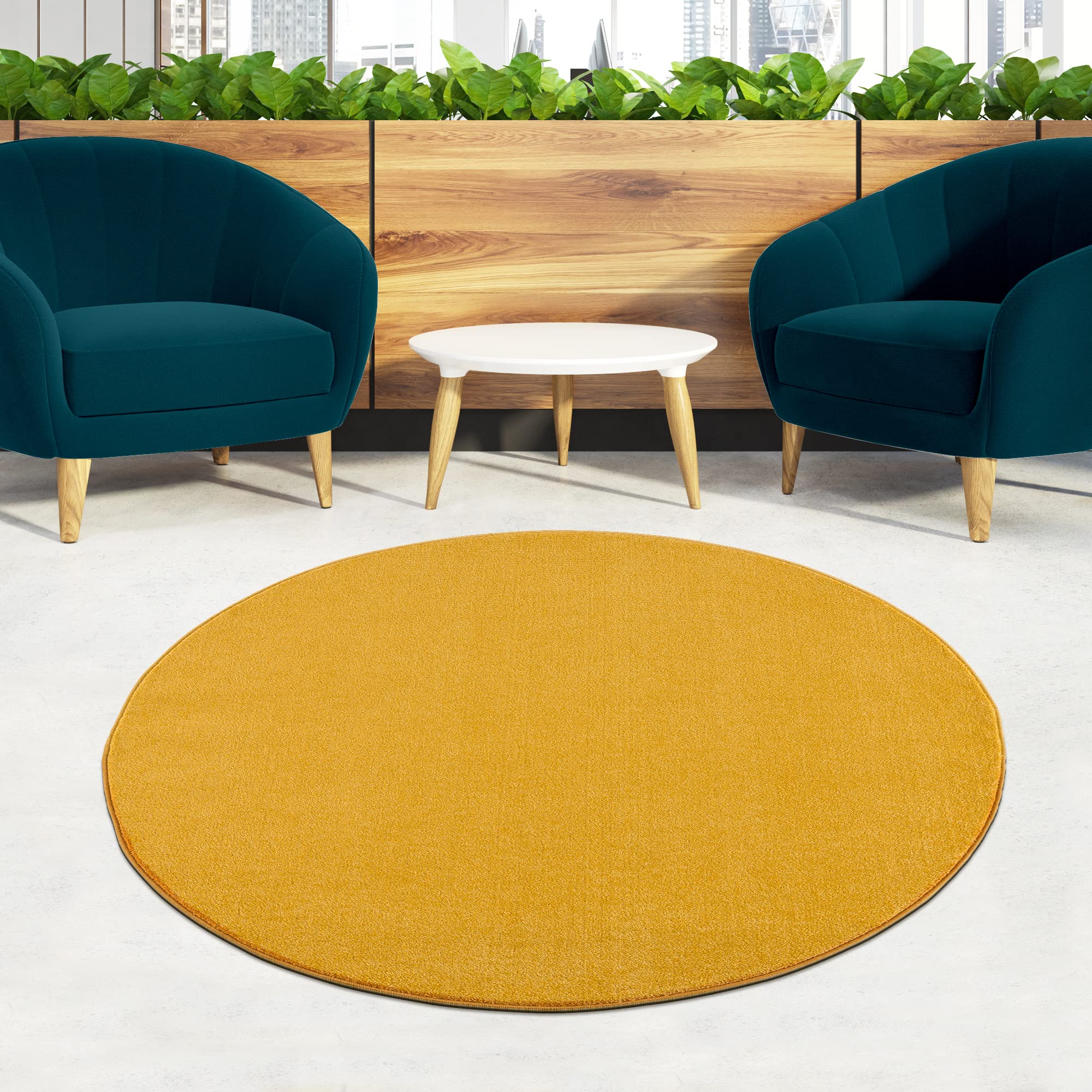Impression Dywan z krótkim włosiem do salonu, prosty, nowoczesny dywan do sypialni, biura, korytarza, kuchni, pokoju dziecięcego, żółty, 200 cm, okrągły