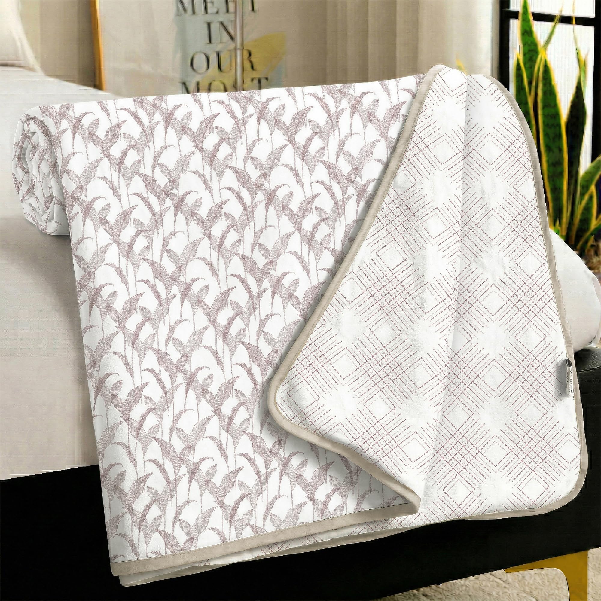 Story@Home AC Quilted Queen Size Bed Cotton 100%| 150GSM 144x220CM Quilt AC Blanket for Summer | AC Comforter Single Bed | Magenta & White, Dashed line & Leaf Reversible Design| All-Season Blanket