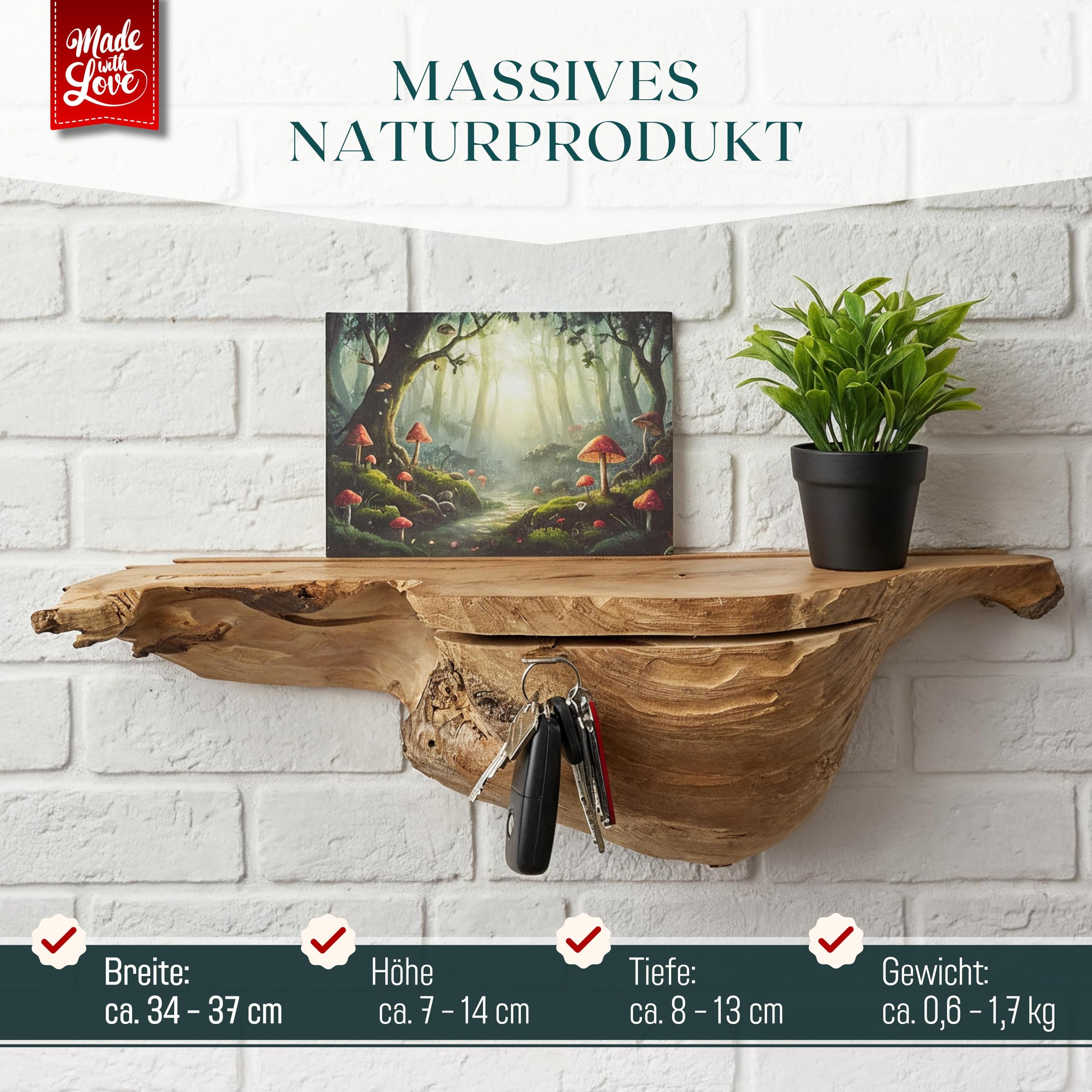 Schlüsselbrett Holz mit Ablage, Schlüsselhalter aus Wurzelholz, 35 cm | Frontseitiger Schlüsselschlitz ohne Haken, Handy- und Fotohalterung, Wandmontage, für Flur und Diele