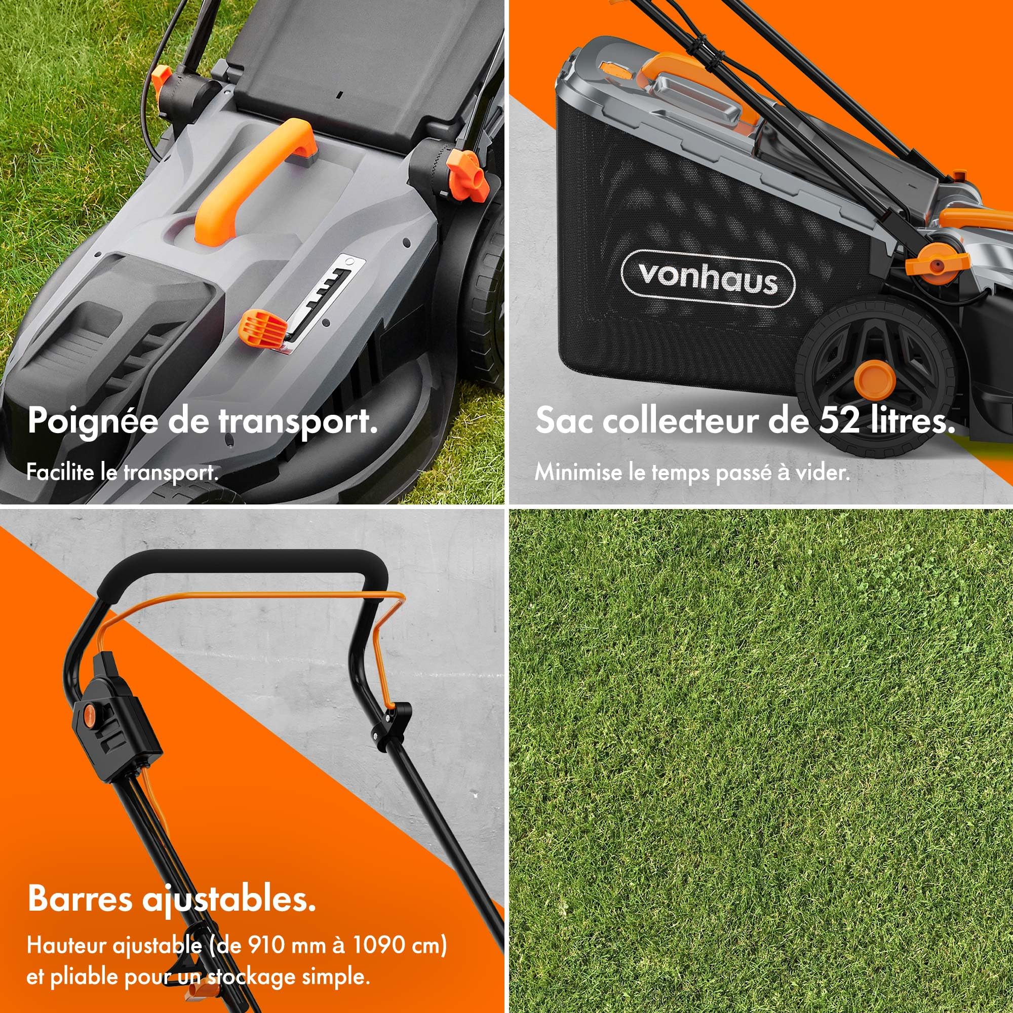 VonHaus Tondeuse à Gazon 1800 W - Tondeuse de Jardin Filaire, Sac 52 L, Guidon Réglable, 5 Réglages de Tonte