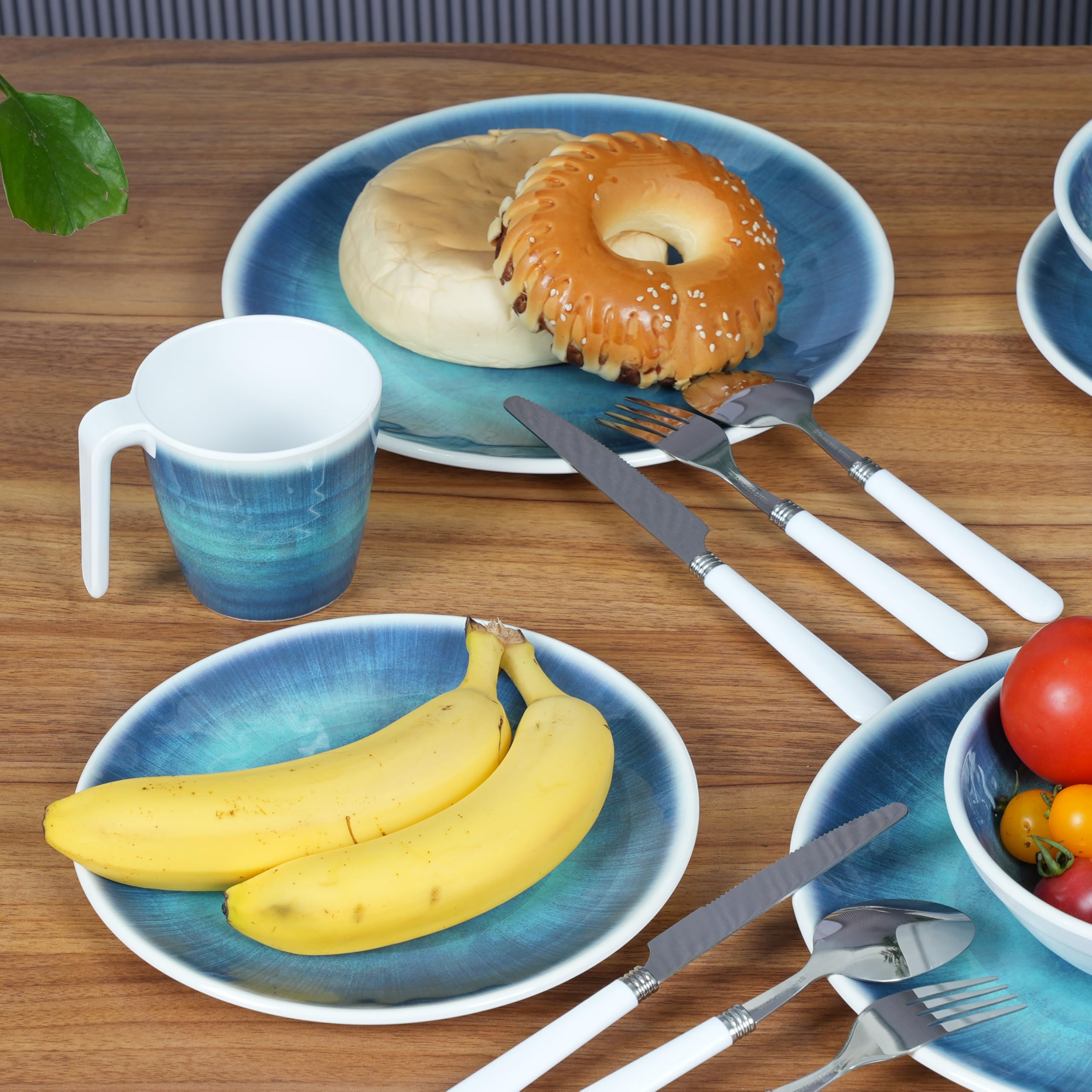 Vaisselle en mélamine Jesolo bleue pour 6 personnes – Aspect faïence Passe au lave-vaisselle Vaisselle de camping Camping Camping Festival Pique-nique Jardin Party