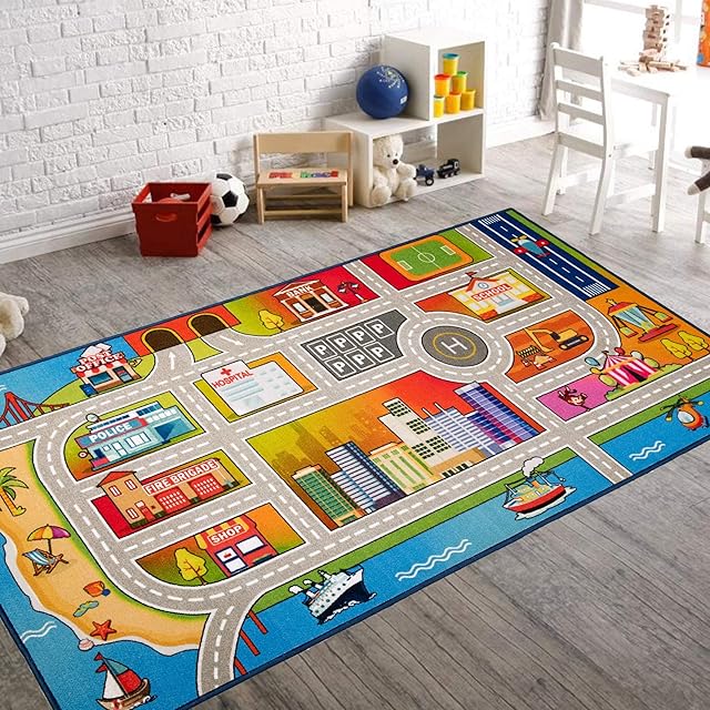 Booooom Jackson Kids Play Mat for Driving Toy Cars 80x150cm Anti Slip Play Rug City Town Carpet Kids Children Boy Girls Educational Road Traffic Themed Car Rug Playroom Bedroom Rug