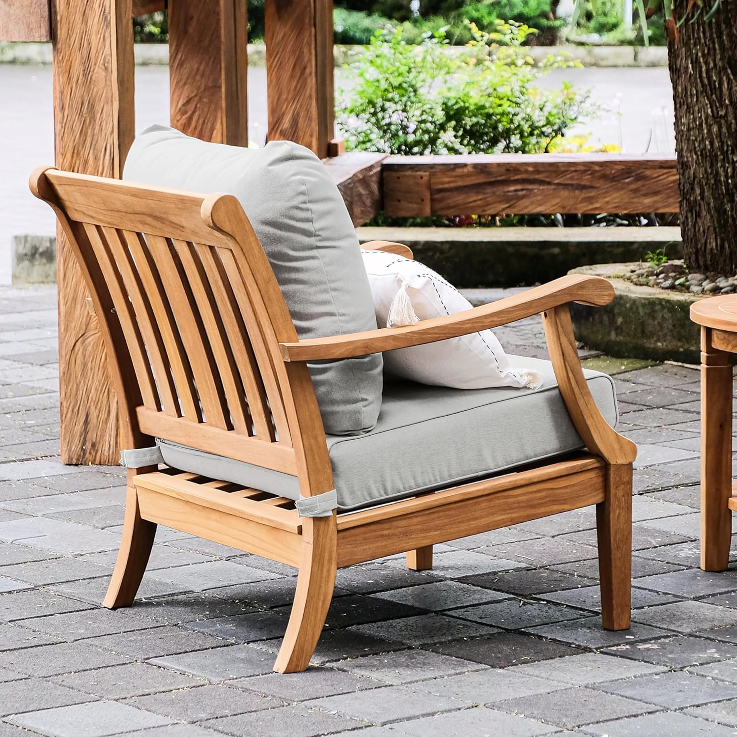 Cambridge Casual Robin Teak Wood 2 Piece Outdoor Club Chair with Oyster Cushion, Patio Club Chair Includes Backrest Pillow, Deep Seating, Weather-Resistant, Perfect for Backyard, Porch, Balcony