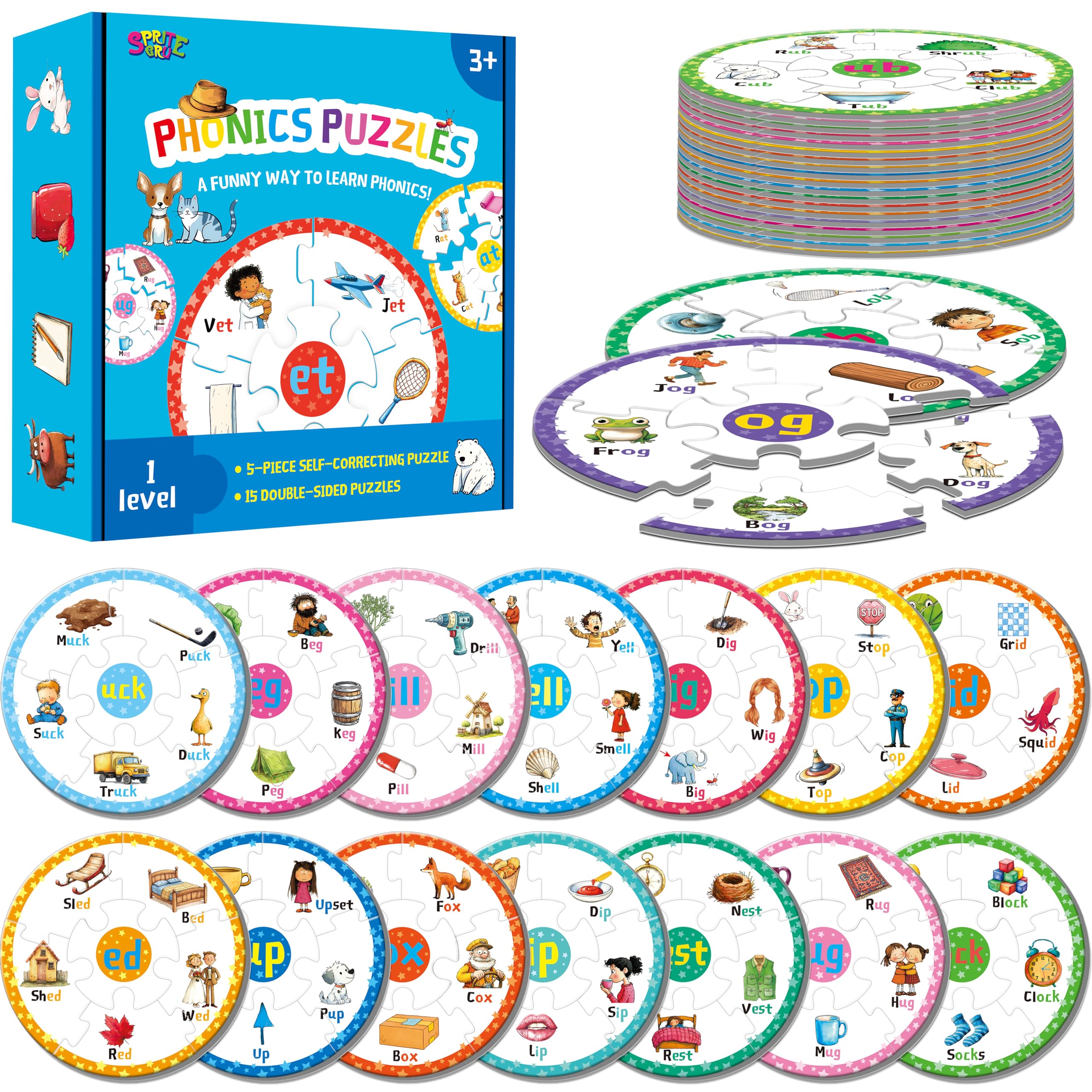 Phonics Puzzles, Short Vowel Sound Blends-30 Phonics & 150 Sight Words, Phonetic Rhyming Game Learn to Read Spell First Word Early Educational Tool