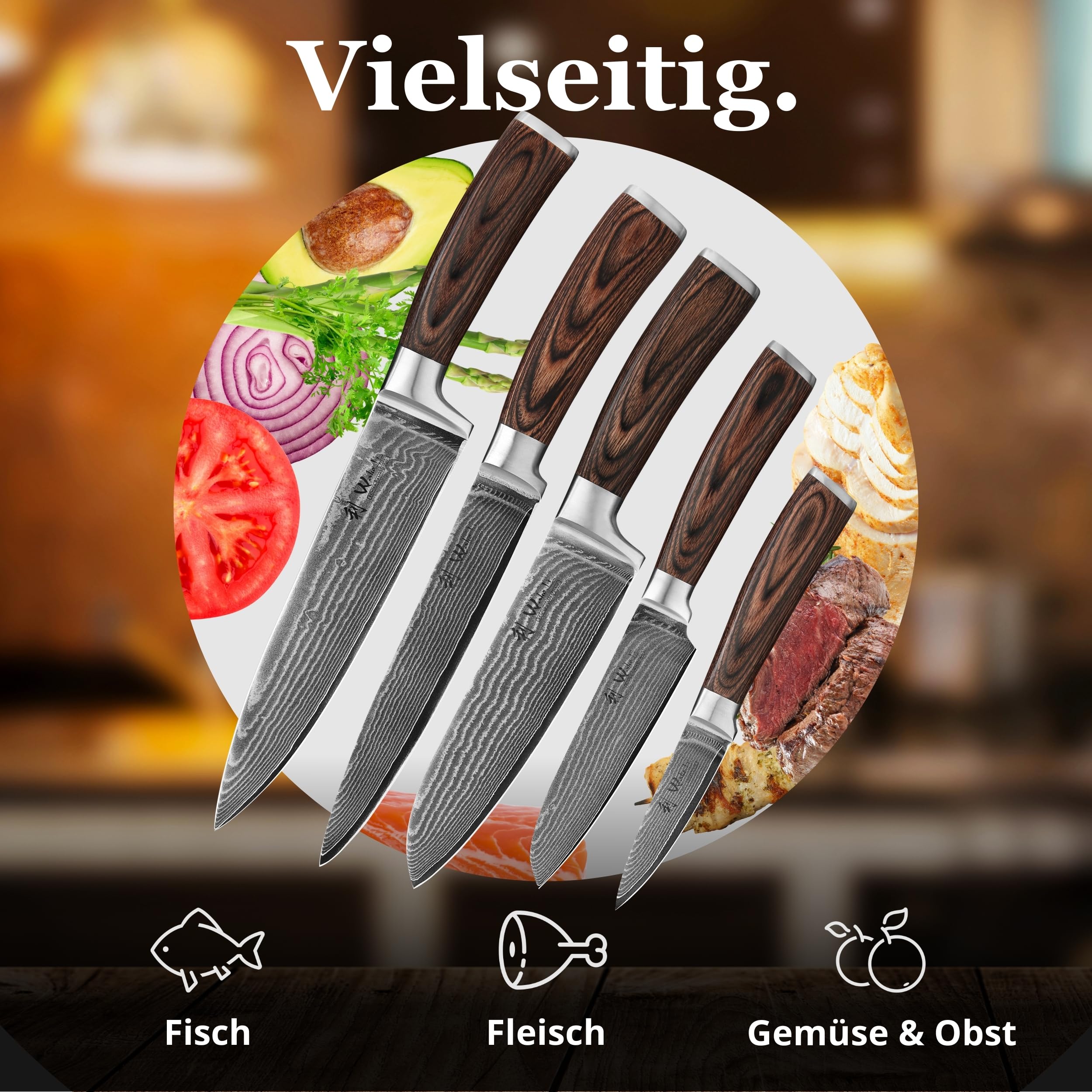 Wakoli EDIB Damastmesser Set (5-teilig) Küchenmesser Set aus 67 Lagen Damaststahl mit VG10-Kern, Pakkaholzgriffen, extrem scharfe Kochmesser, Chefmesser, Santoku, Fleischmesser, Gemüsemesser - Holzbox