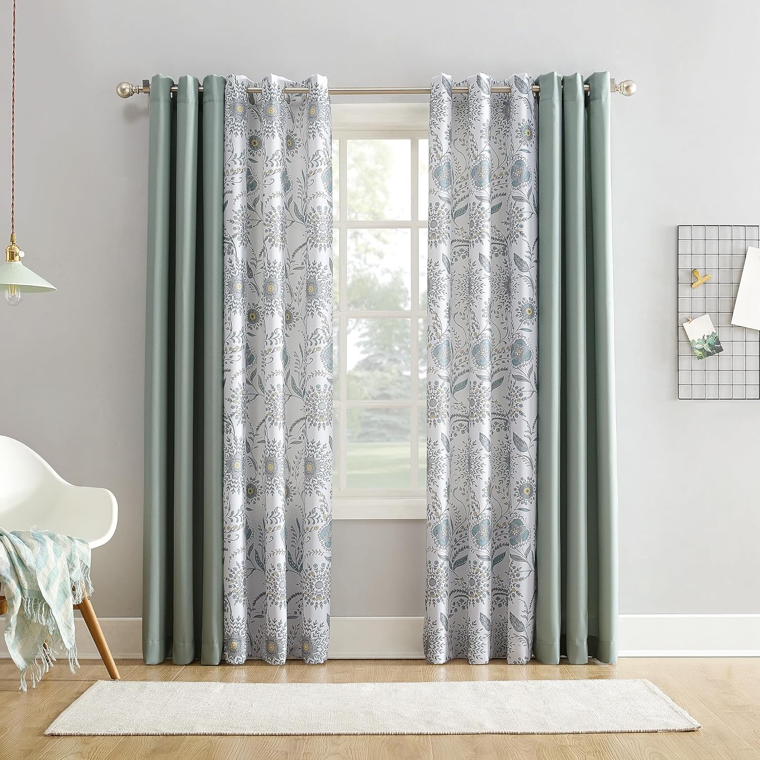 White Medallion Floral Light-Filtering Grommet Curtain Panel