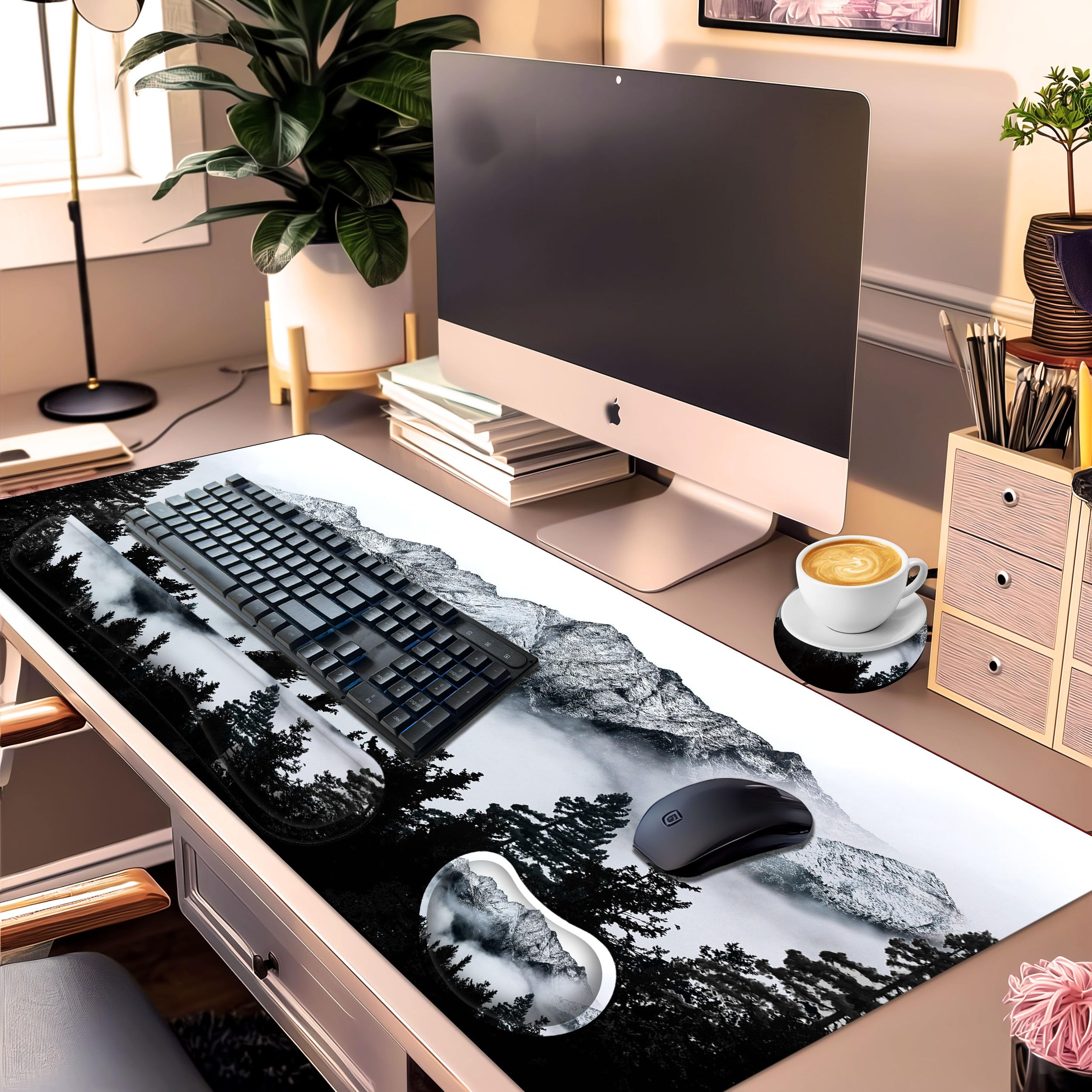 Premium Großes Gaming-Mauspad-Set, 35,4 x 15,7 cm, mit Tastatur-Handgelenkauflage, Handgelenkstütze und Untersetzer, Memory-Schaum, glatte Schreibtischunterlage, Mauspad für Zuhause, Büro,