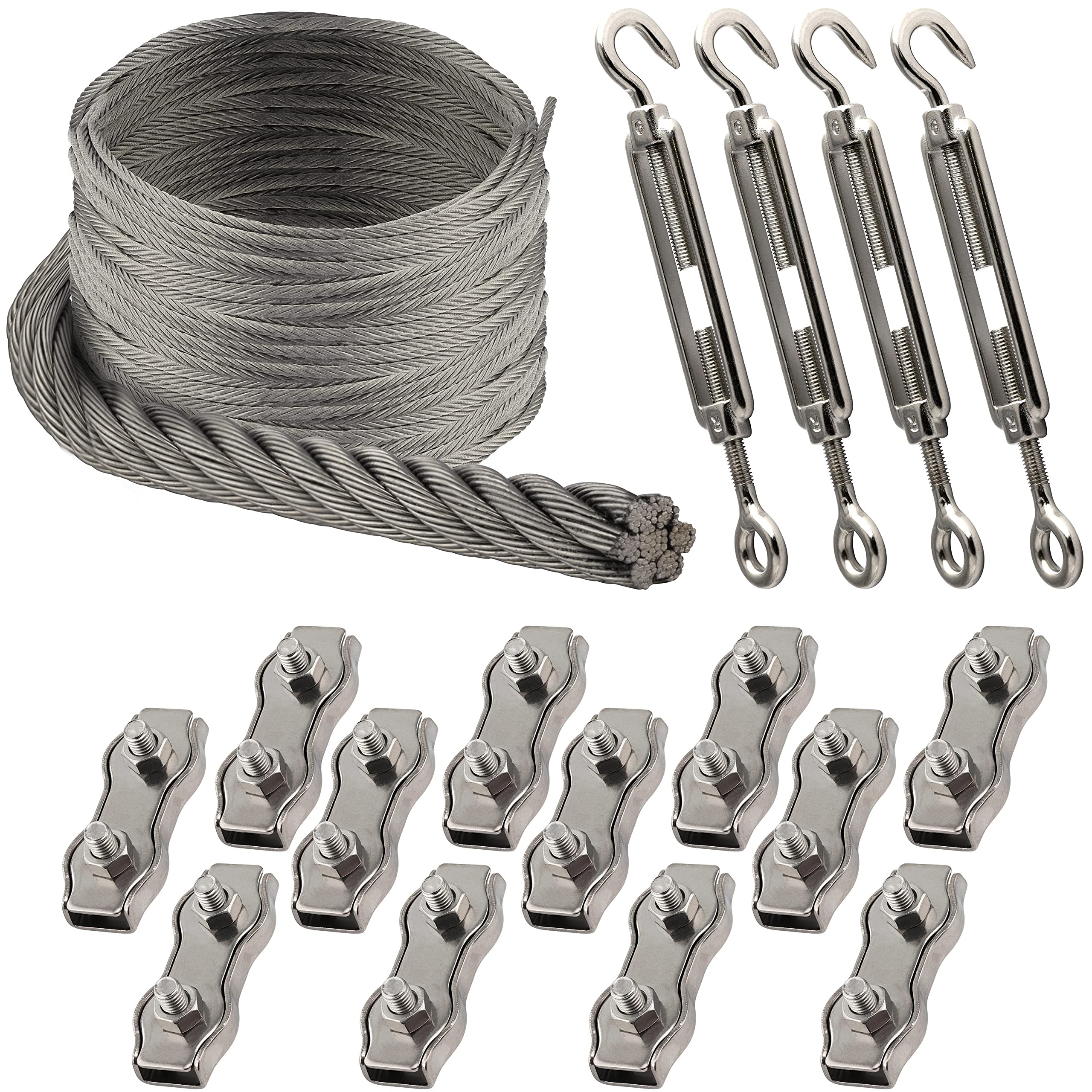 50m Edelstahl Drahtseil Weich 7x19 3mm, 12x Duplex Drahsteilklemme M4, 4x Spannschloss M5 Auge/Haken ähnl. DIN 1480 Edelstahl A4 Set Hanging Kit Klemme Stahlseil Rankhilfe Sonnensegel