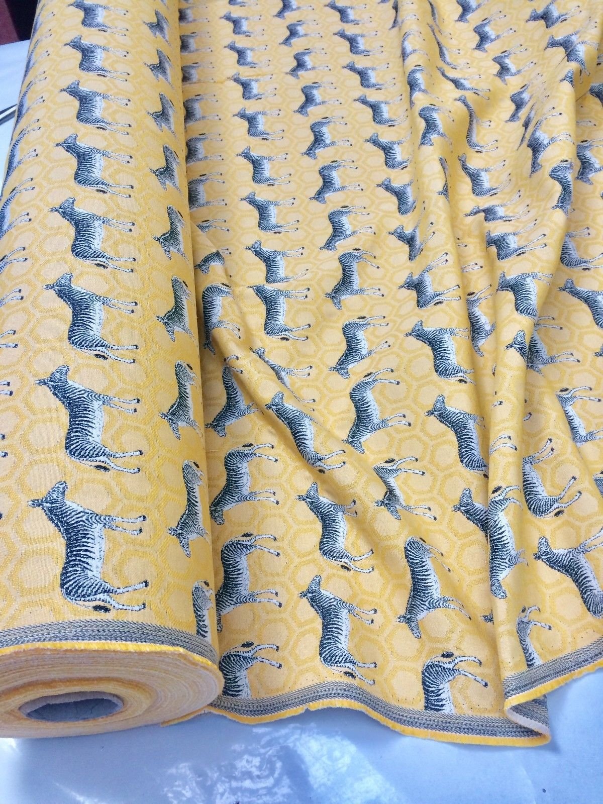 Lushfabric Yellow Mustard Zebra Jacquard Cotton Fabric For Curtains Upholstery Material Animal Print Cloth - 55''/ 140Cm Wide (Sold By Metre)