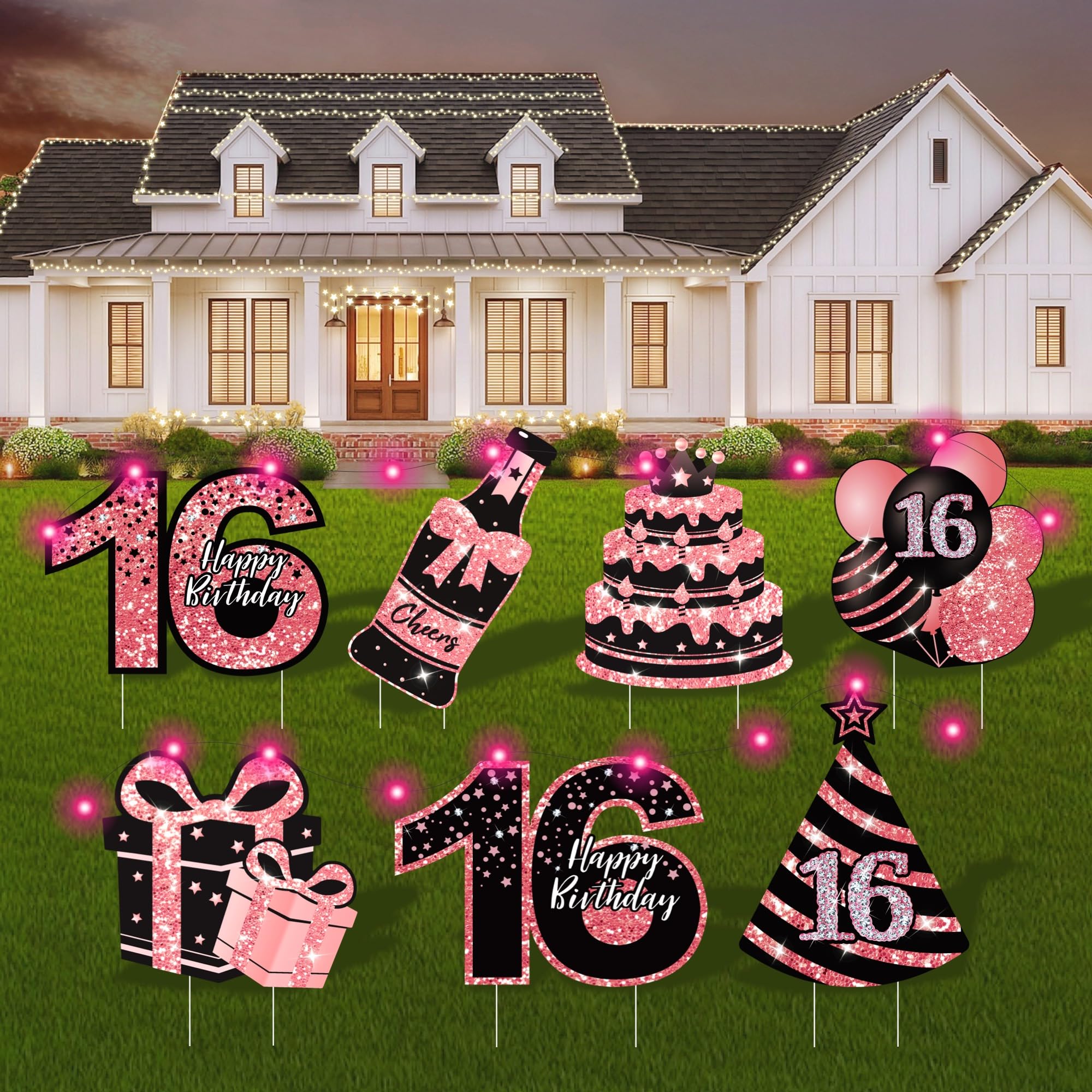 ComboJoy Sweet 16 Birthday Decorations - 7 Pcs Black &amp; Pink Sweet 16 Yard Signs with Stakes, 2 Pcs LED Lights, Sparkling at Night, Weatherproof, Perfect Outdoor Lawn Decorations