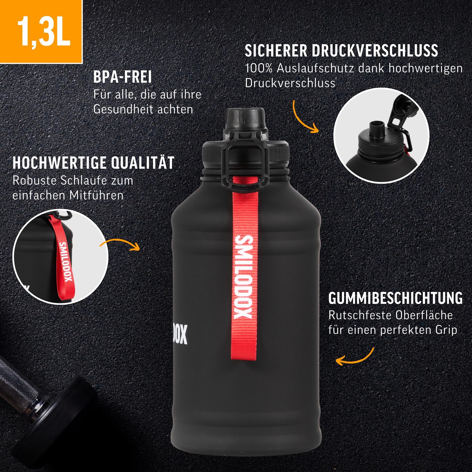 SMILODOX Borraccia da 1 litro, per sport, fitness, palestra, allenamento, bottiglia d'acqua per viaggiare, di alta qualità, colore nero