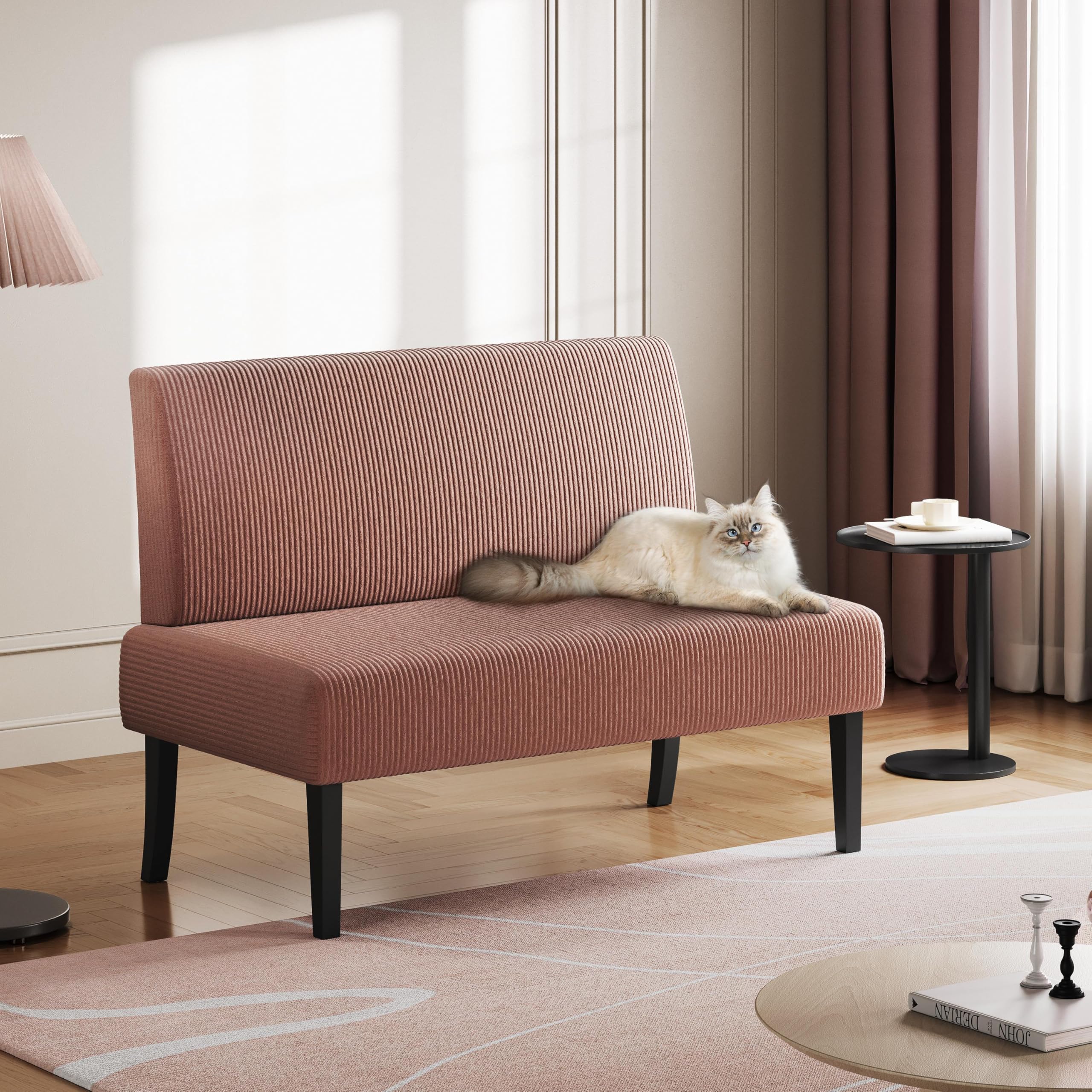 Yaheetech Divano a 2 Posti Moderno Divanetto da Salotto Senza Braccioli Sedia a Coste con Gambe in Legno per Soggiorno Ufficio 109,5 × 62 × 84,5 cm Rosa