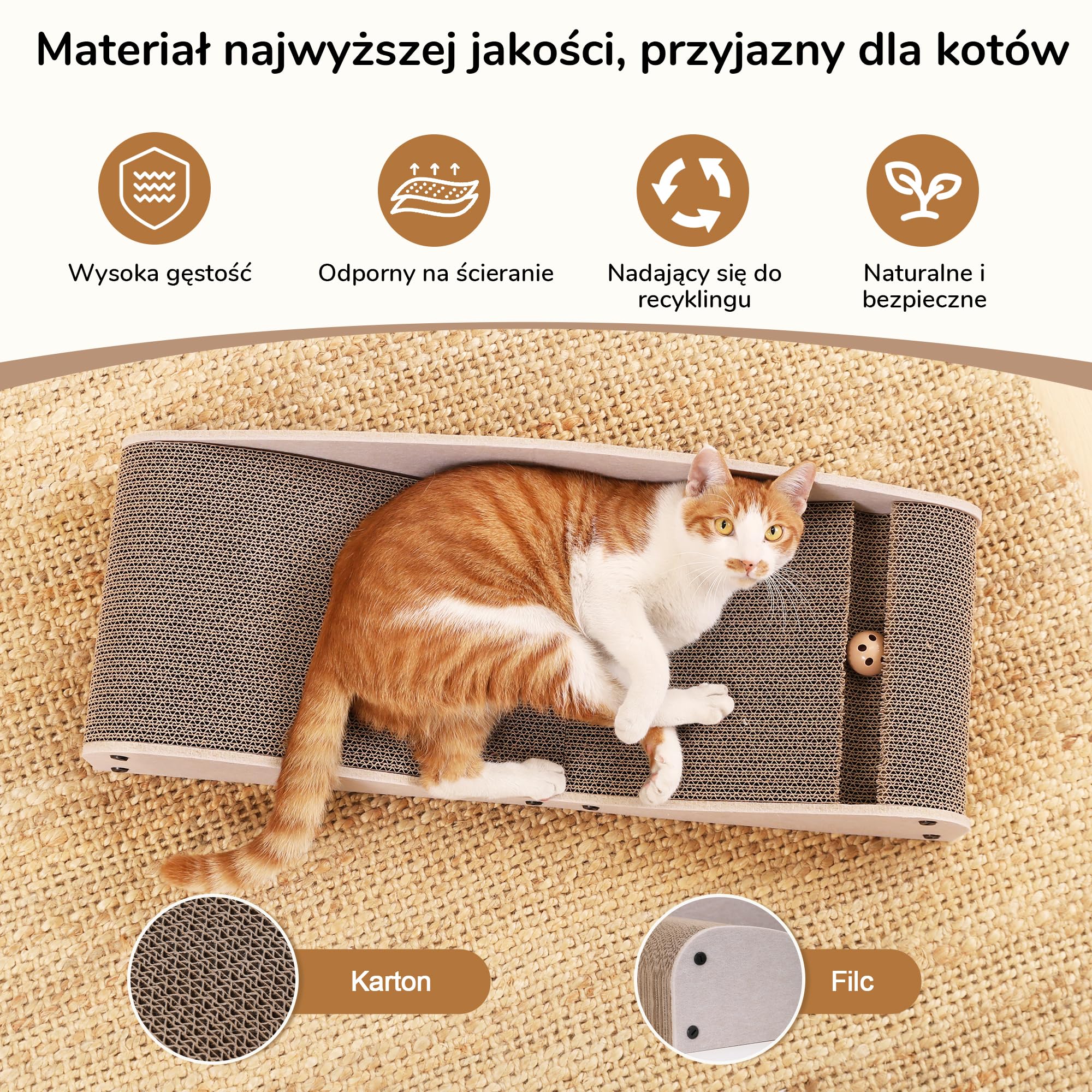 FUKUMARU Kartonowe legowisko dla kota z drapakiem, bardzo długie 74 cm, naturalny filc, wielofunkcyjne legowisko dla kota z drapakiem i zabawką w kształcie piłki, kolor camelowy