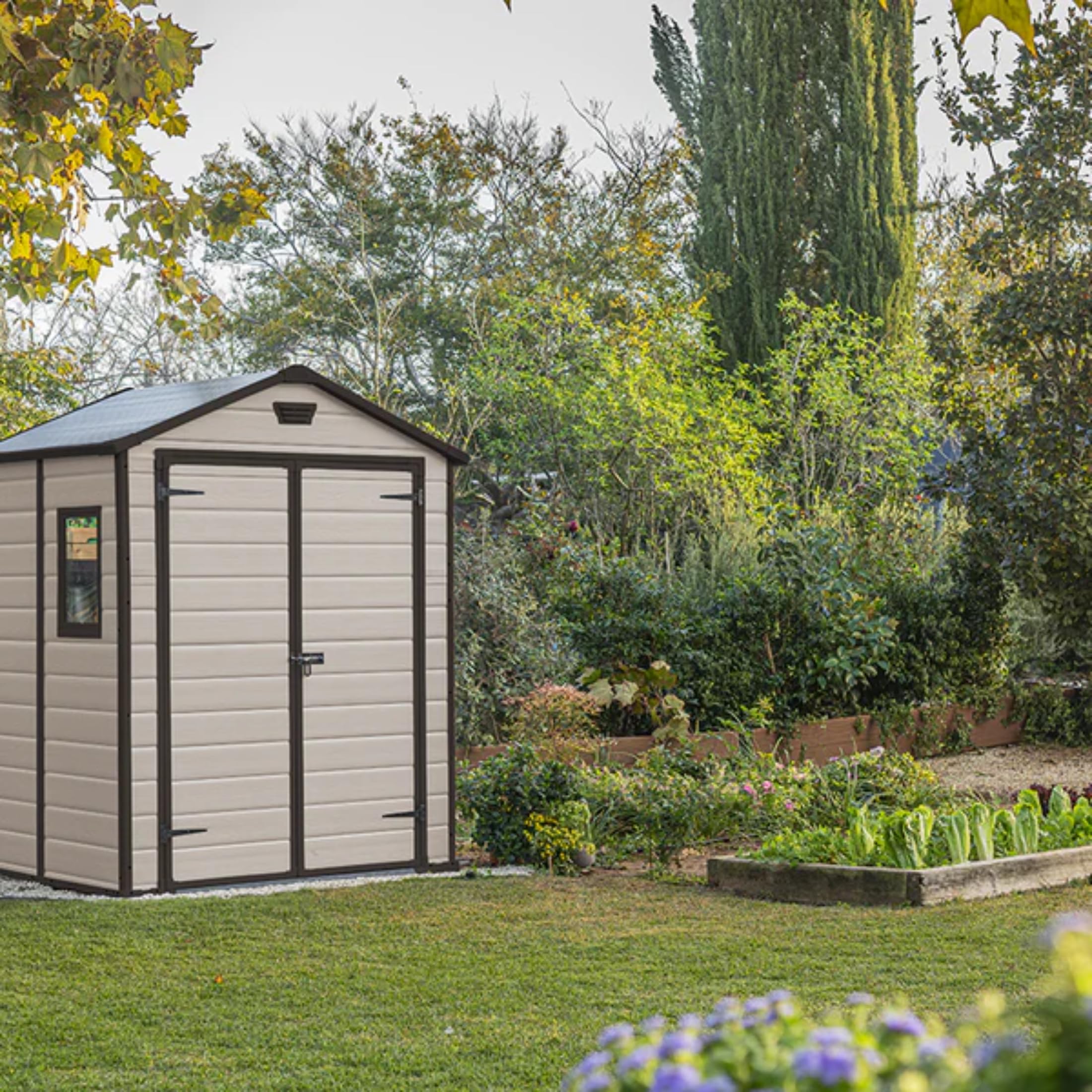 Mondo Viro Casetta in resina da giardino "NatureGlow" effetto legno beige (Grande - cm 186x237 227h)