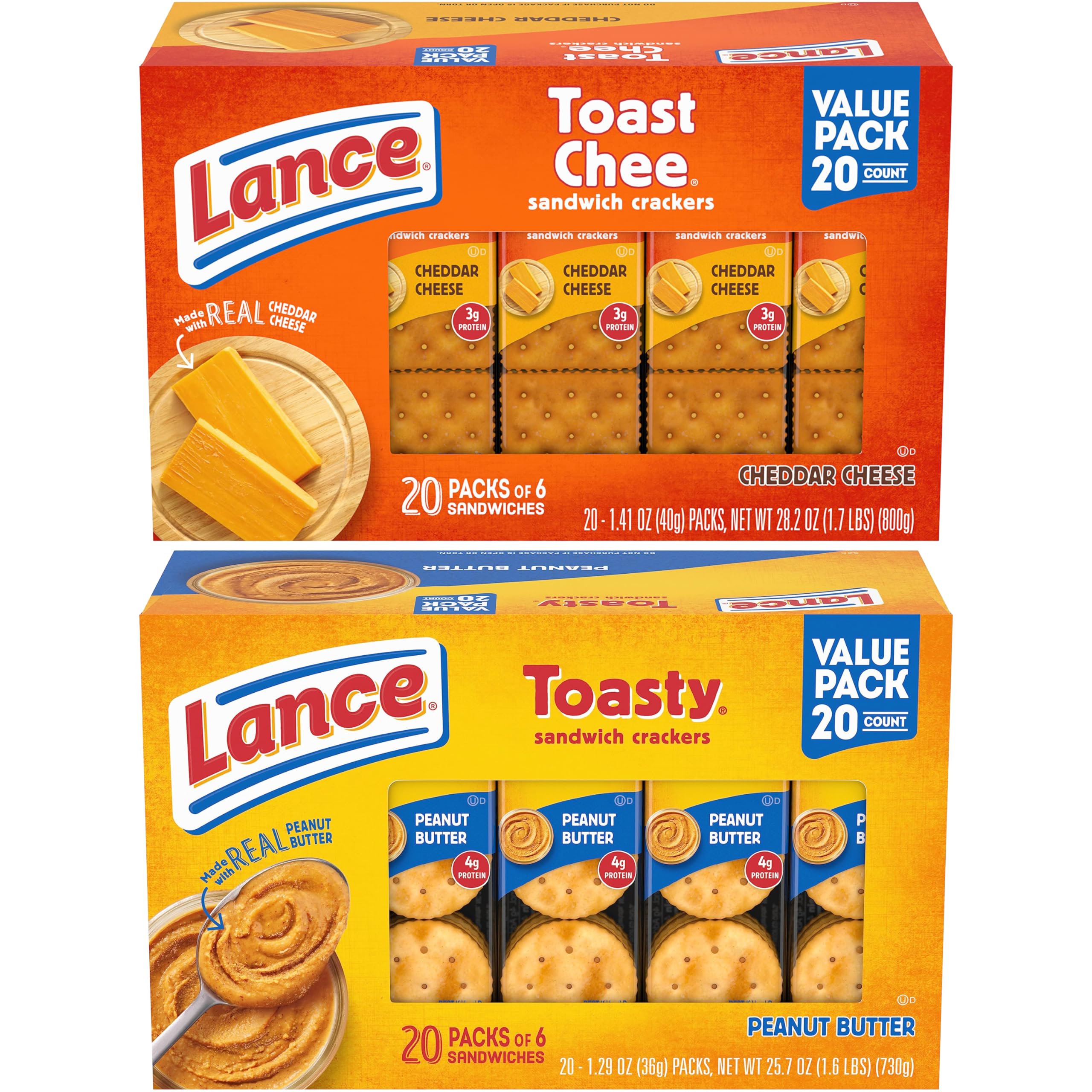 Lance Fresh Toasty Crackers with rich peanut butter sandwich crackers, Lance Toastchee Cheddar Cheese, Snack Crackers, Cheese Sandwich Crackers, Lance Peanut Butter Crackers for a total of 40 units