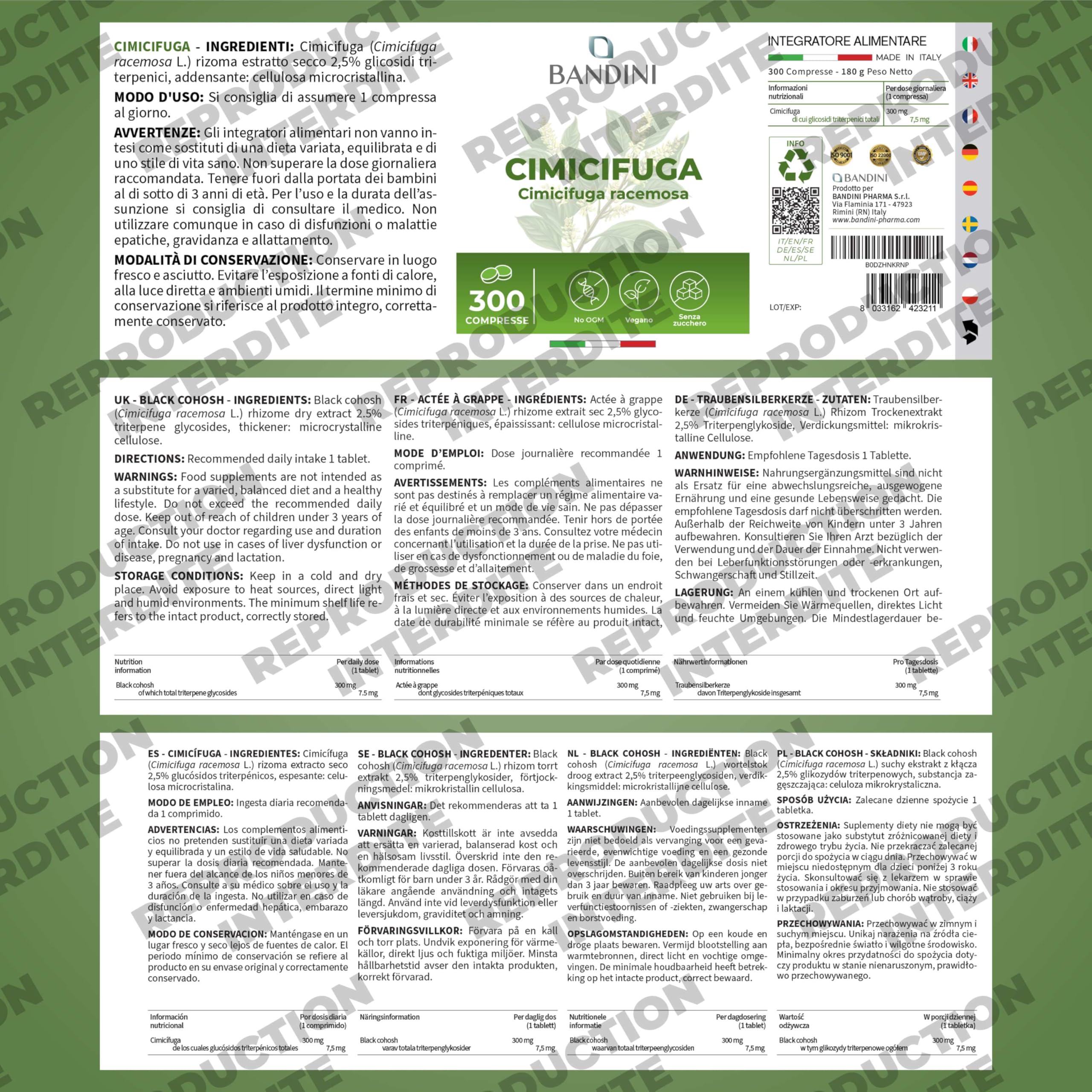 Bandini® Actée à grappe 300 comprimés | Cimicifuga racemosa ou Actaea racemosa rhizome extrait sec | Complément alimentaire Vegan | 300 mg par dose quotidienne | Supplément Naturel et Végétalien