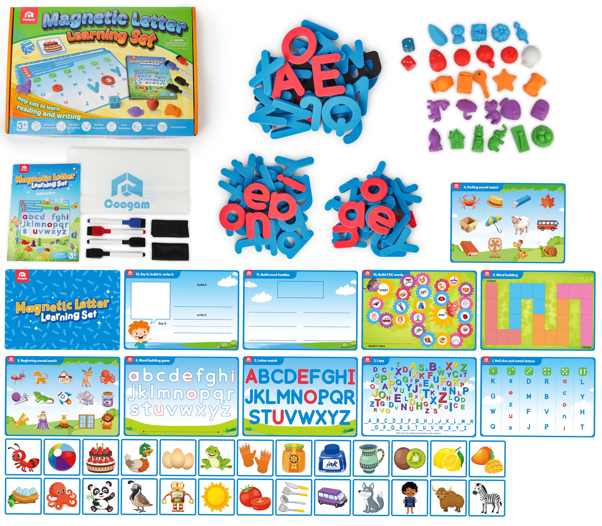 Coogam Preschool Alphabet Learning Playset, Magnetische Buchstaben Matching Spiel, Bildungsabc-Erkennung mit 6 Aktivitätskarten, Phonische Manipulative Autismus Spielzeug für Kinder im Alter von 3+