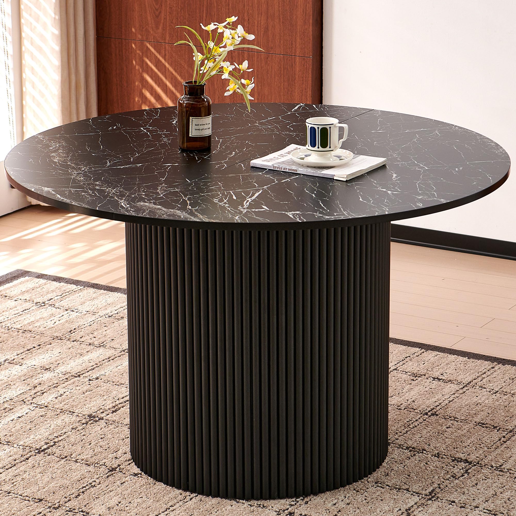 Homedot 47.24" Industrial Kitchen Dining Table Round for 4-6, Rustic Dining Table Circular with Two-Part Tabletop&MDF Pedestal Striped Base,Metal