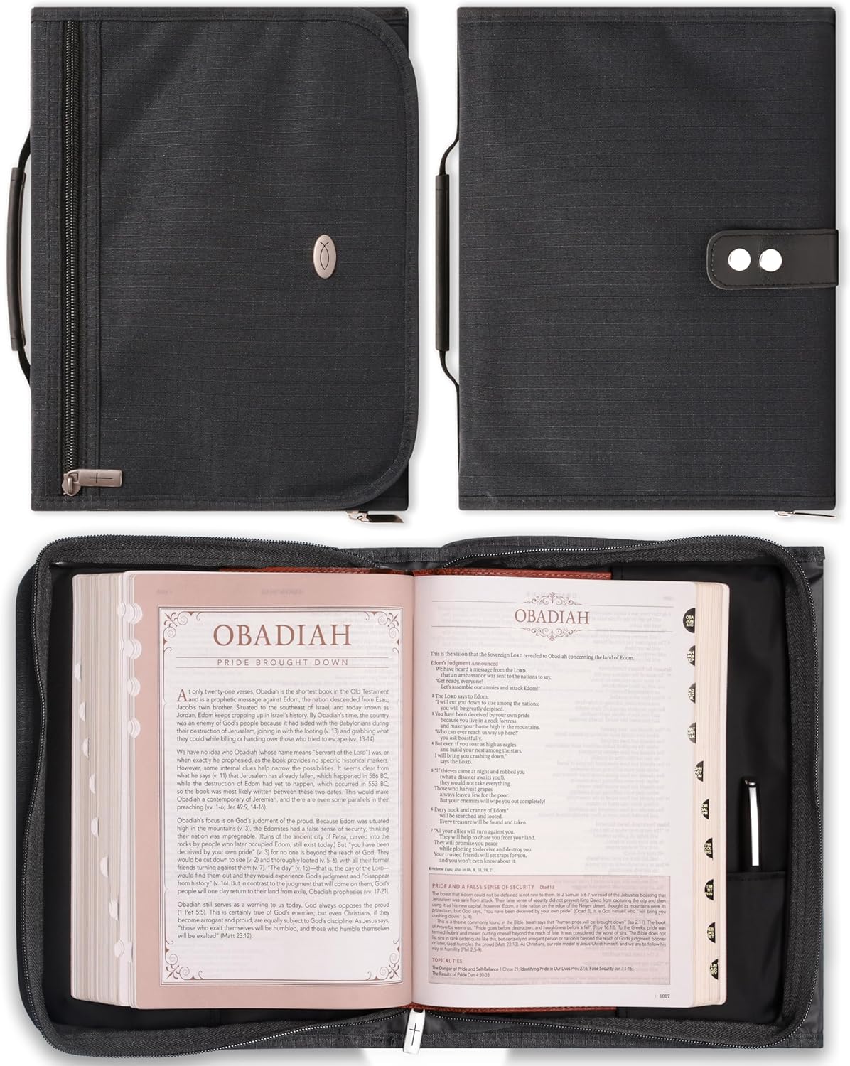 Christian Art Gifts Jesus Fish Badge Men/Women Tri-Fold Organizer Bible Cover Zipper Closure, Black Canvas, Medium