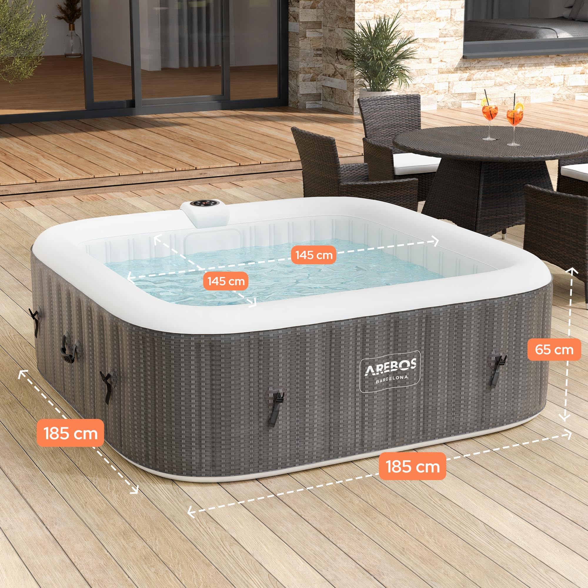 Arebos Spa idromassaggio 2400W | Piscina all'aperto | per 6 persone 185x185cm | 130 getti massaggianti | 910 L con riscaldamento | Funzione di gonfiaggio con un pulsante | Copertura inclusa | Bubble S