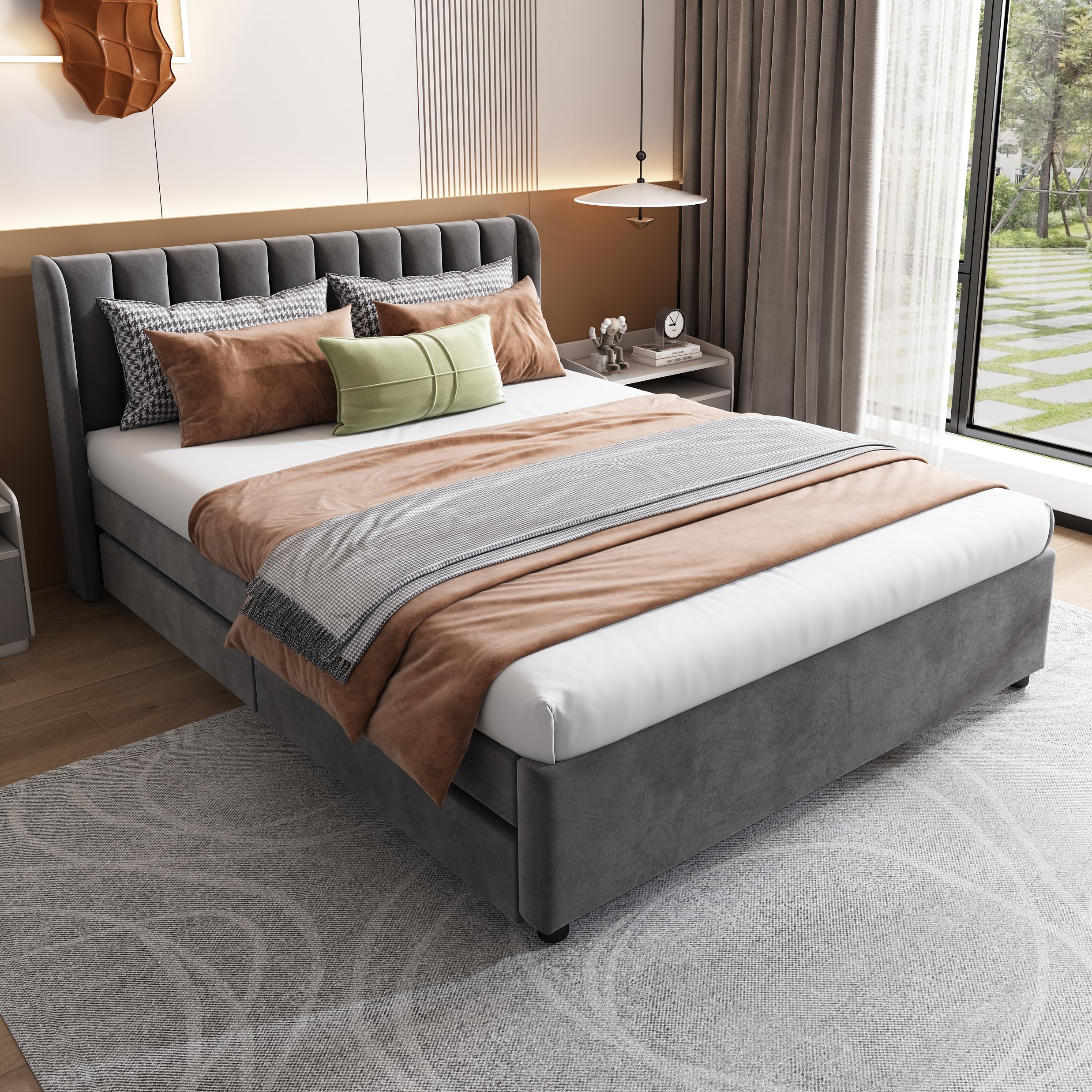 Cama de 180 x 200 con somier y 2 cajones, cama tapizada de 180 x 200 cm con espacio de almacenamiento, cama doble de terciopelo con somier de láminas, cama para adultos, gris