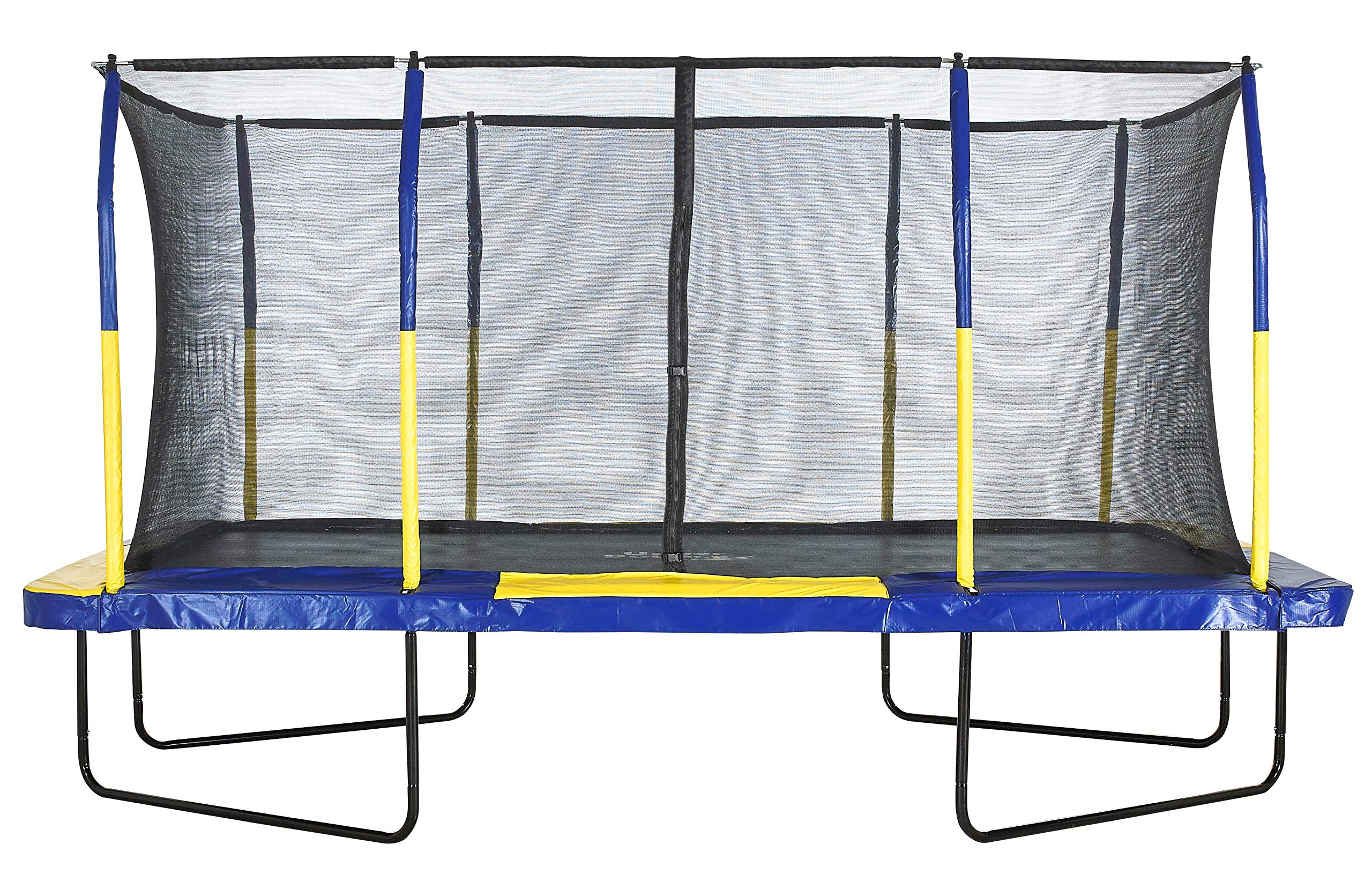 Upper Bounce 9x15 rectangular trampoline with a yellow frame and black enclosure net, set up in a backyard.