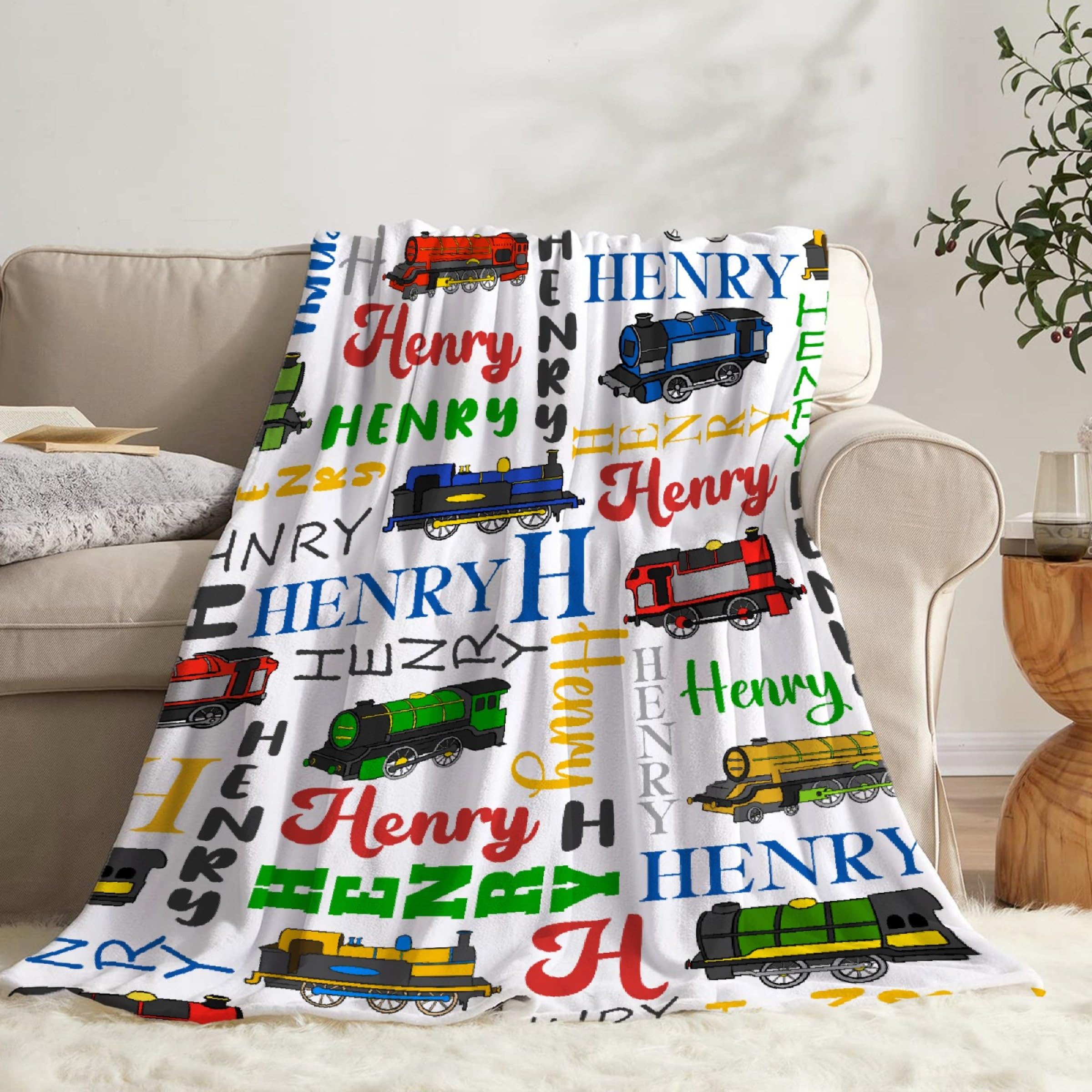 SUPERICH Personalized Train Blanket, 50"x40", Multicolor, Polyester, Single Layered, Kids, Cartoon, Reading, Napping, Camping, Travel