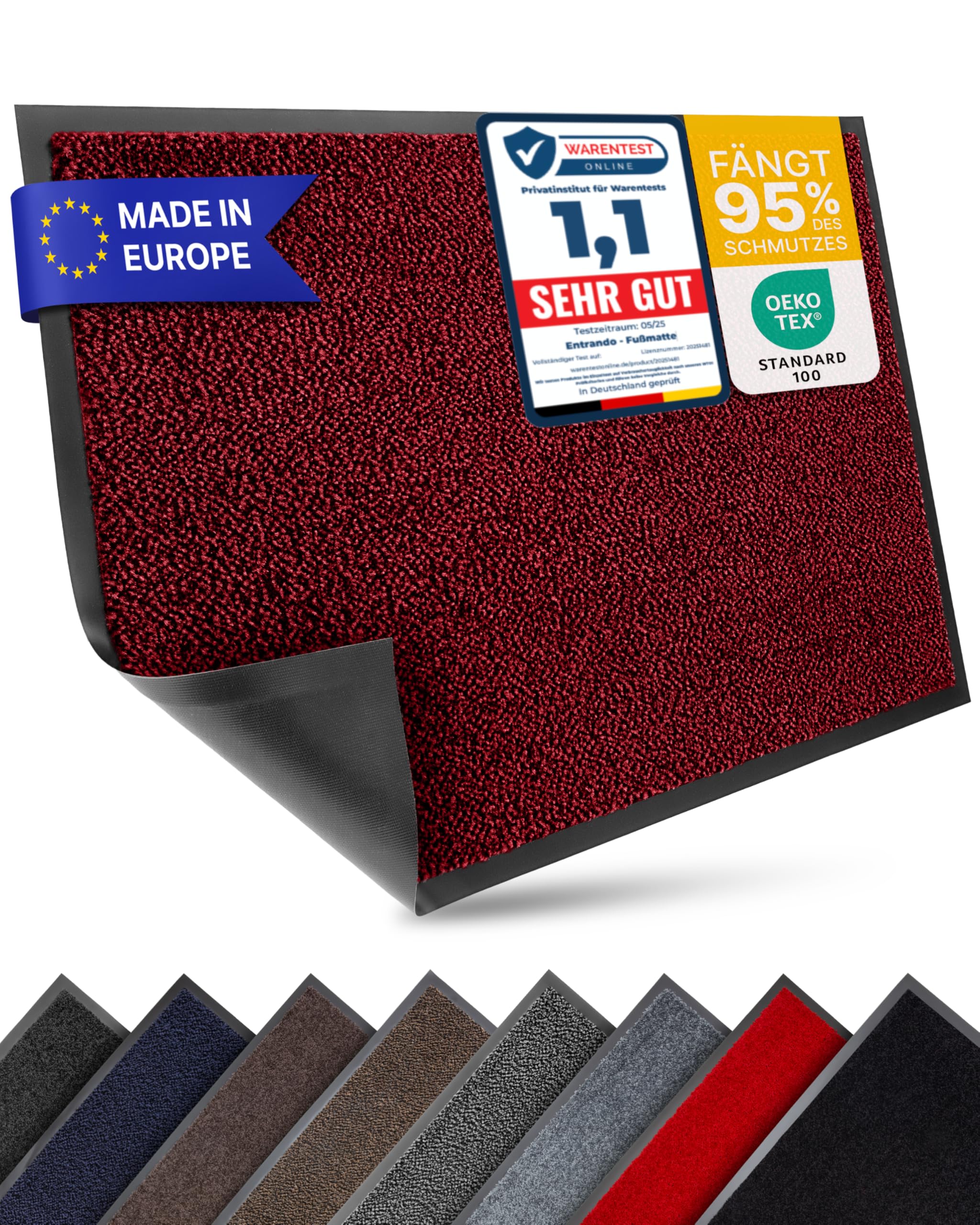 Entrando Fußmatte 90x150 cm saugstark & pflegeleicht – Schmutzfangmatte für Flur, Wohnung, Büro, Innen & Außen – geruchslos, schnelltrocknend, flach, waschbare Türmatte (Rot Schwarz)