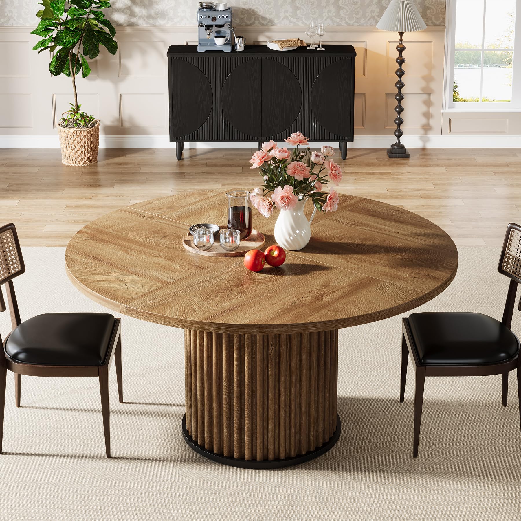 Tribesigns Tavolo da pranzo rotondo, 120 cm, marrone per 4 persone, tavolo da pranzo con robusta struttura in metallo, arredamento moderno