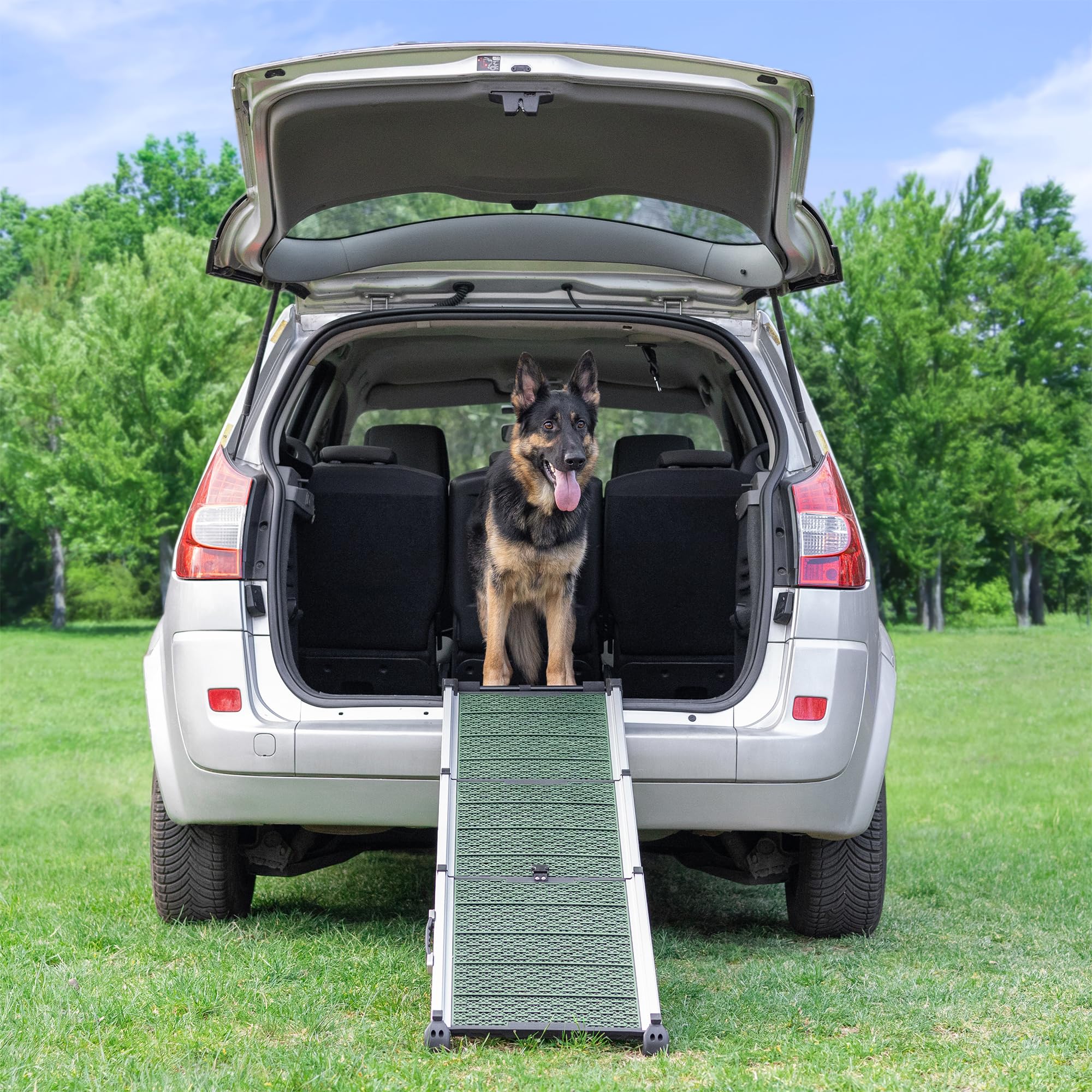 Samochodowa rampa dla psów składana – stabilna i antypoślizgowa drabina dla psów do samochodu i SUV-a, obciążenie do 90 kg, teleskopowa, aluminiowa rampa dla dużych psów, odblaskowe boki, schody dla