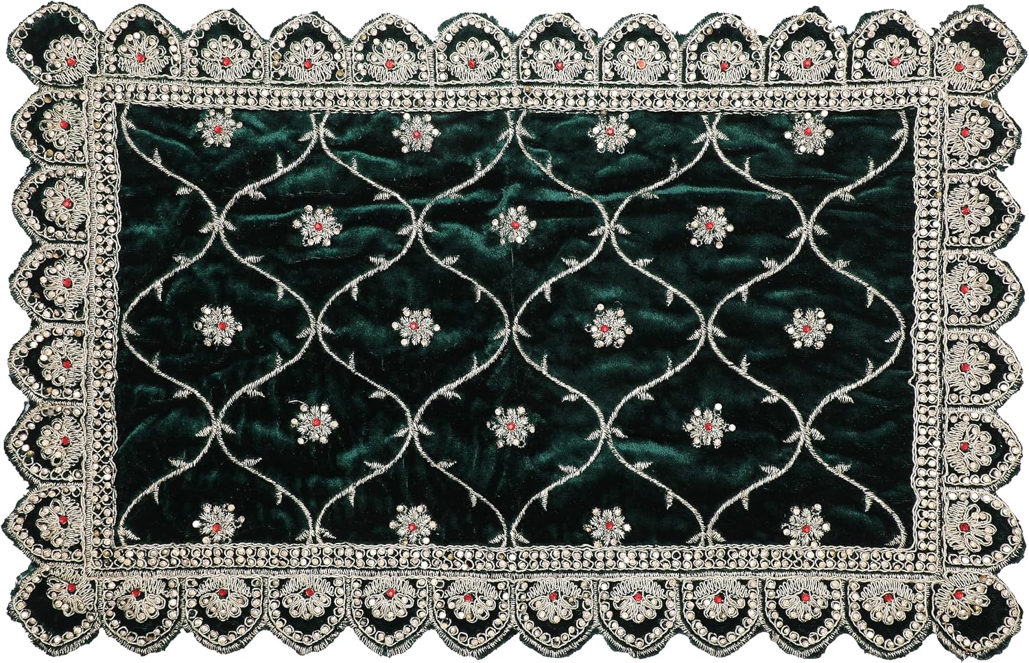 Decorative Mat Aasan Velvet Pooja Cloth Large Decorative Cloth Size -18 Inches x 12 Inches for Multipurpose Indian Traditional Festival New Year Decorations Pooja Item Home Decor Green