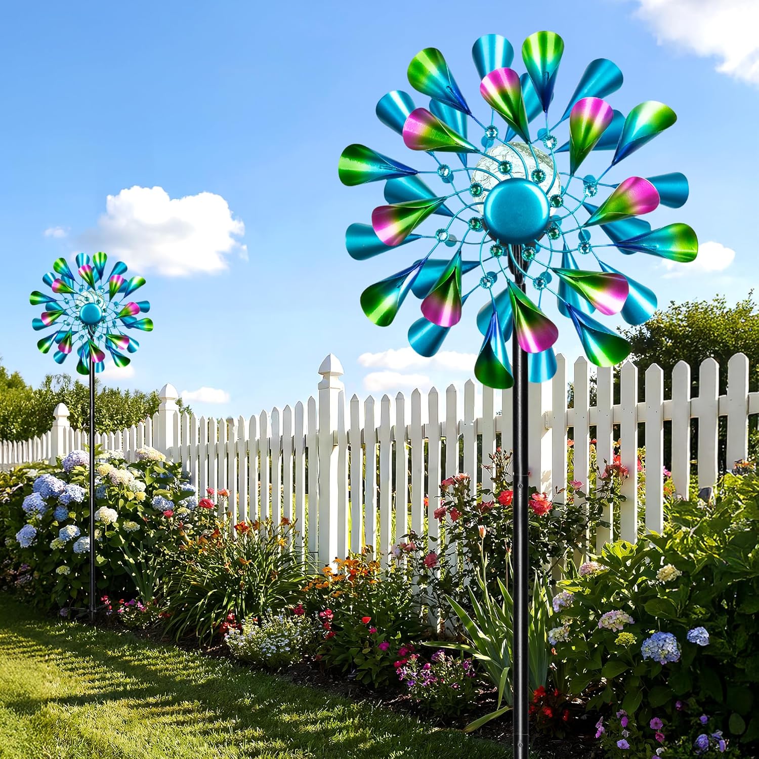 Solar Wind Spinner Outdoor Metal - Peacock Kinetic Garden Sculptures with Color-Changing LED Lights, Waterproof Wind Catchers Yard Art Decor for Patio Lawn, for Women (Green)