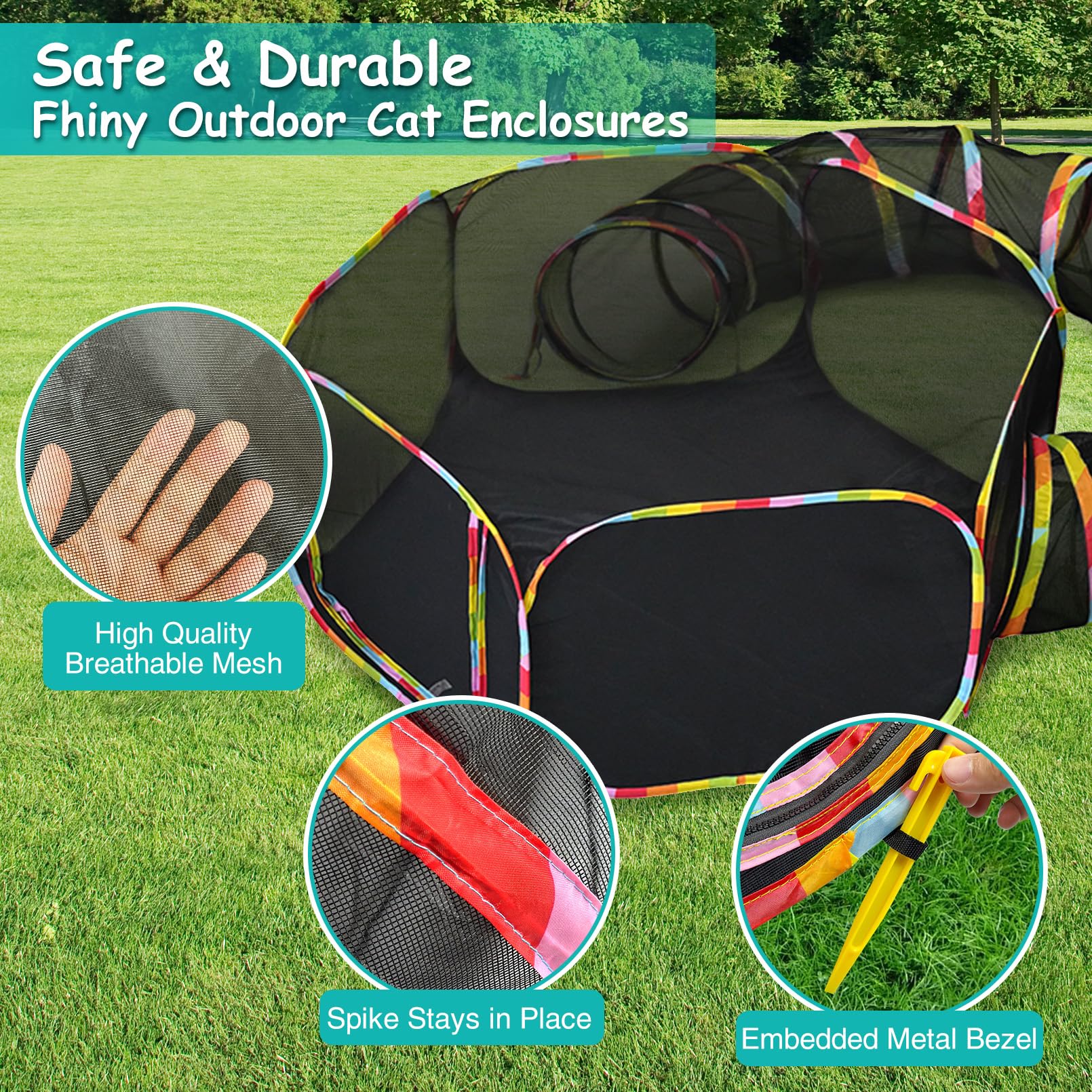 Fhiny Outdoor Cat Enclosures,2-in-1 Portable Rainbow Cat Tent with Tunnel for Outdoor Kitten Mesh Playpen Enclosed Catio Collapsible Outside Compound Pet Play House for Bunny Cats Kitty Ferrets
