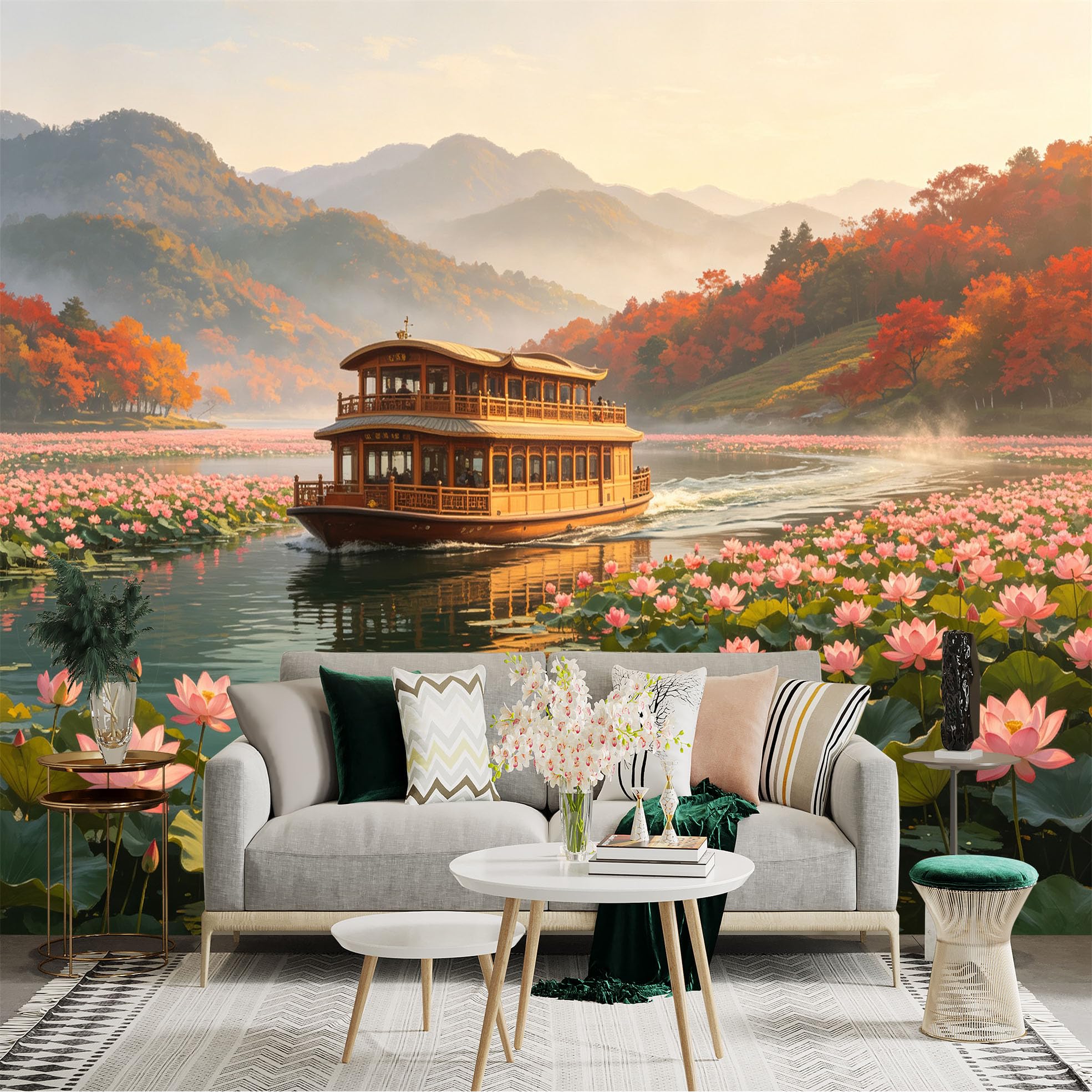 Custom Size Wall Sticker Mural， Wooden Boat on Lotus Pond， Autumn Mountains， Oriental Scenery， for wall Decoration， peelandstick wall Decals.