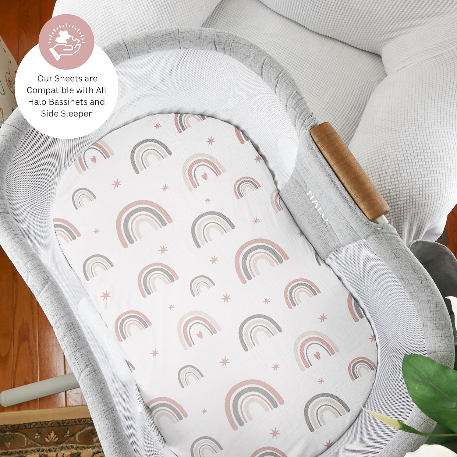 TansyPanda Muslin Halo Bassinet Sheets for BassiNest Luxe Swivel, Soothing, Swivel, Lite, Essential Sleeper, 3 Pack, 33 X 17 Inch, Ultra Soft, Snug Fit, Unisex Boys Girls, Gray White (Pink) - Image 2