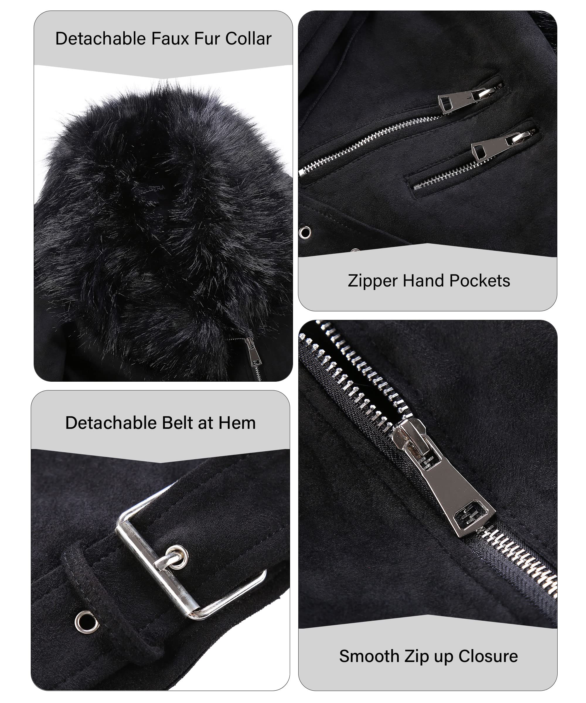 Bellivera Women Faux Leather Suede Jacket Moto Biker Coat Sherpa-Lined Overcoat with Removable Belt: Black Large